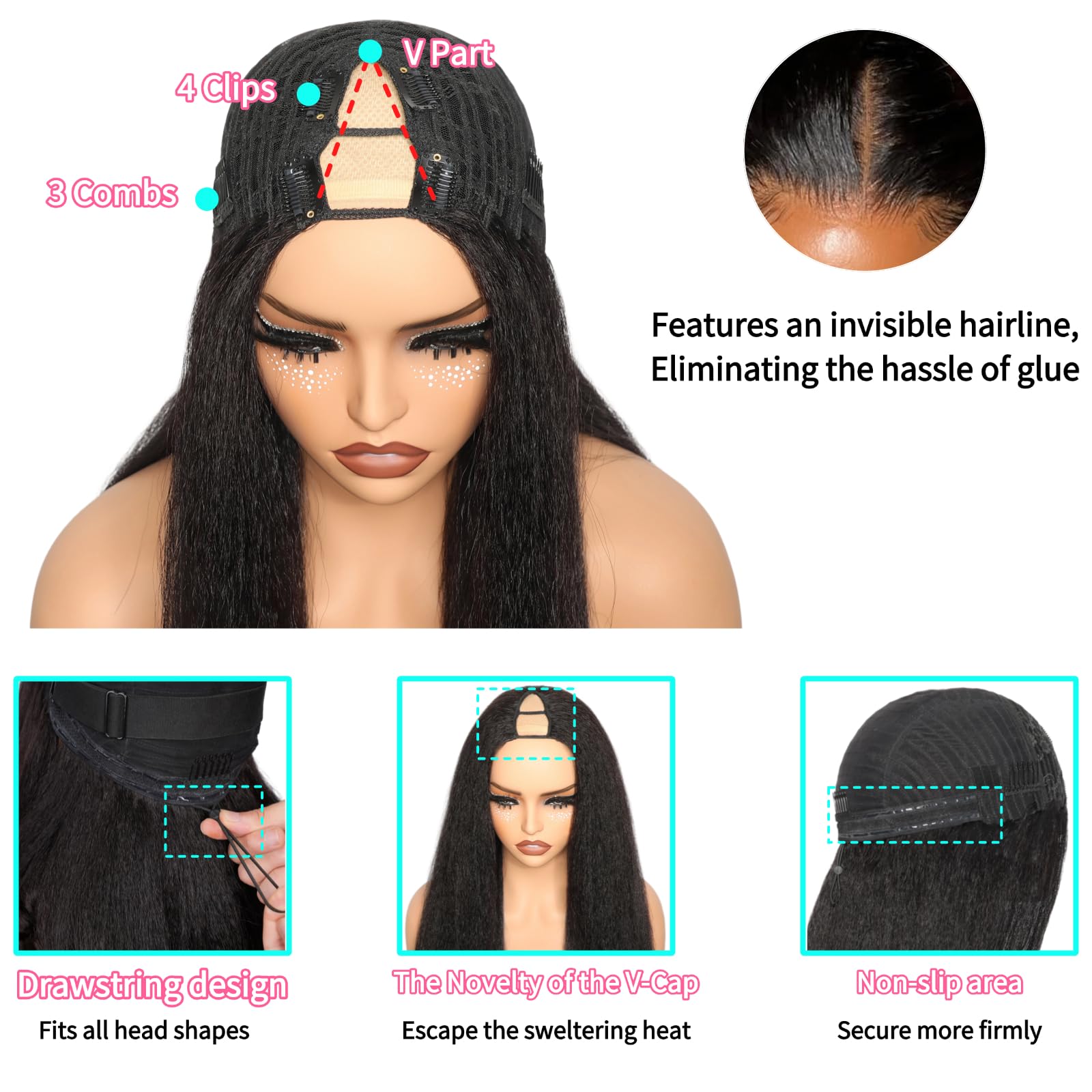 Black Kinky Straight V-Part Human Hair Wig