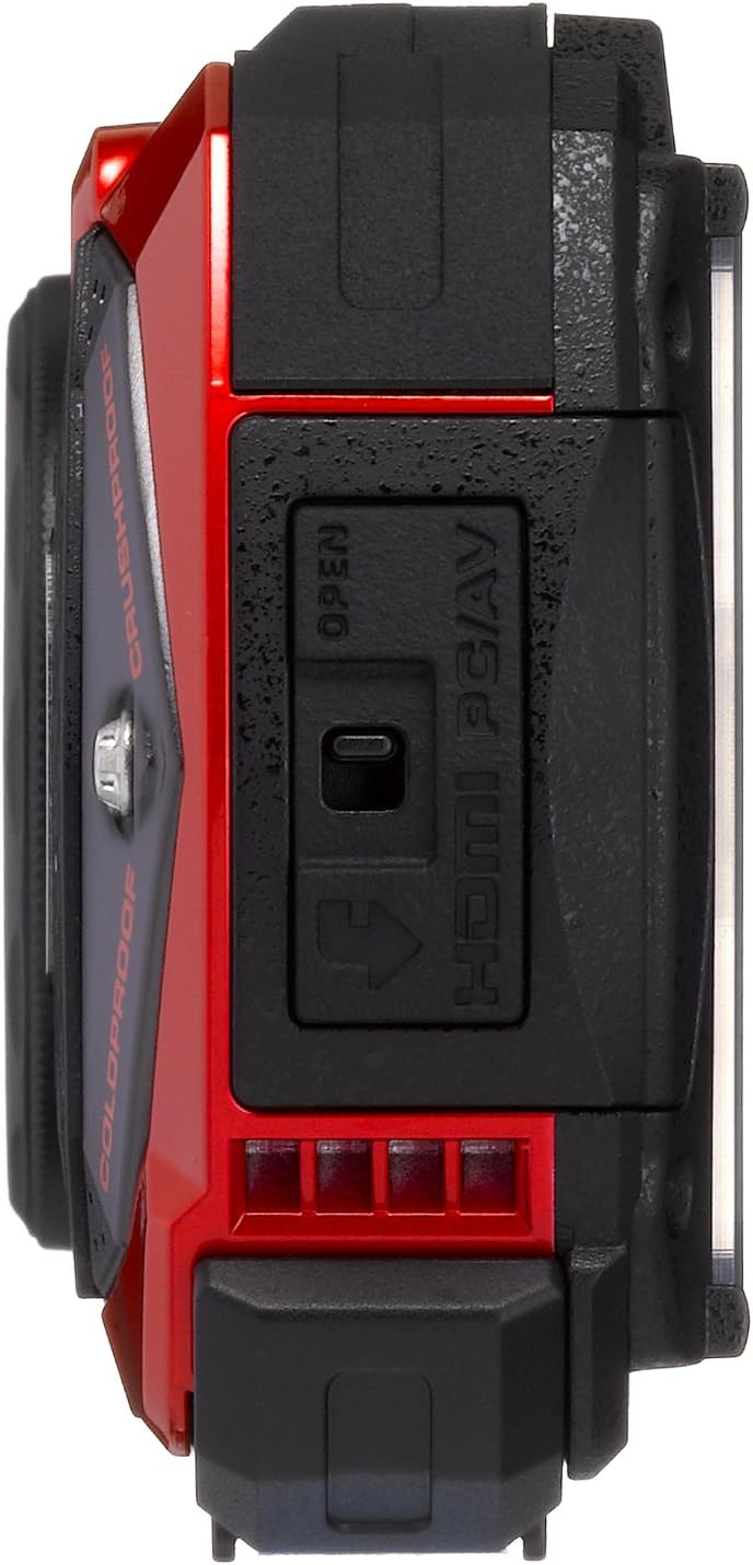 Side view of the Pentax Optio WG-2 Digital Camera showing the open compartment for HDMI and PC/AV ports.