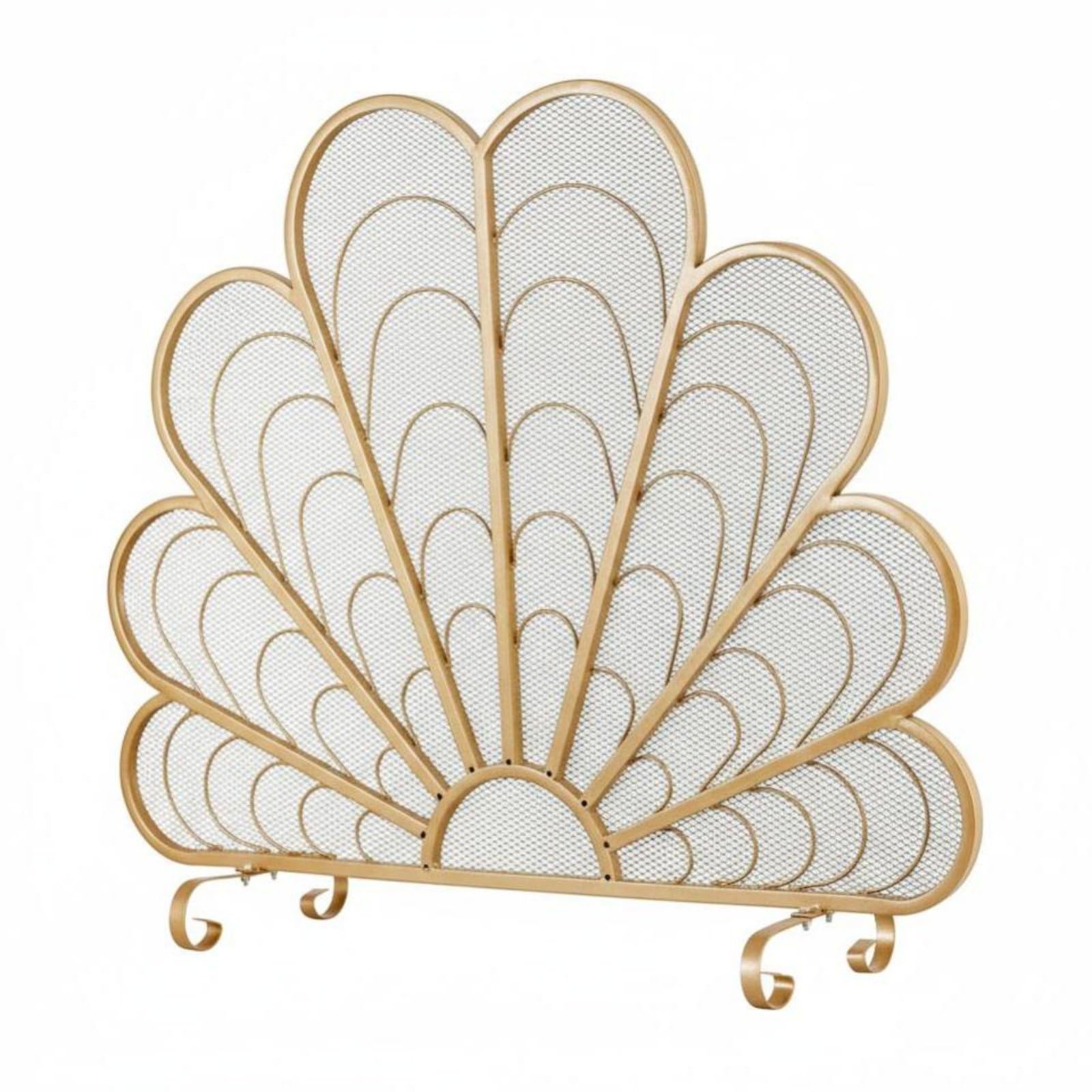 Colcolo Parascintille Caminetto Schermo Parascintille Griglia Protezione Ferro Struttura Robusta Bilanciata Rete Interna Blocca Scintille Pavone Intaglio, Oro