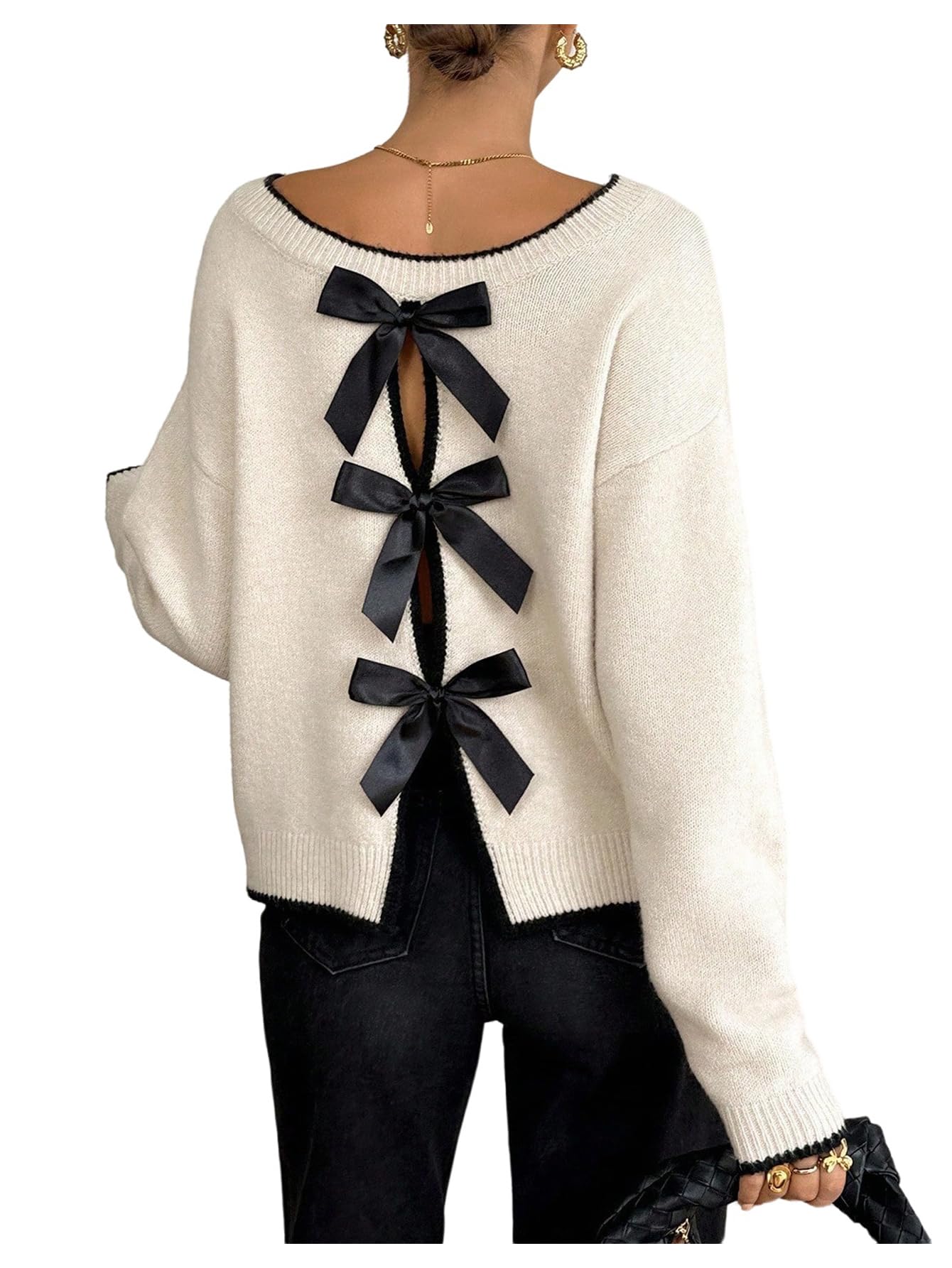 SOLY HUX Womens Sweaters Bowknot Backless Long Sleeve Knit Pullover Tops Fall Clothes