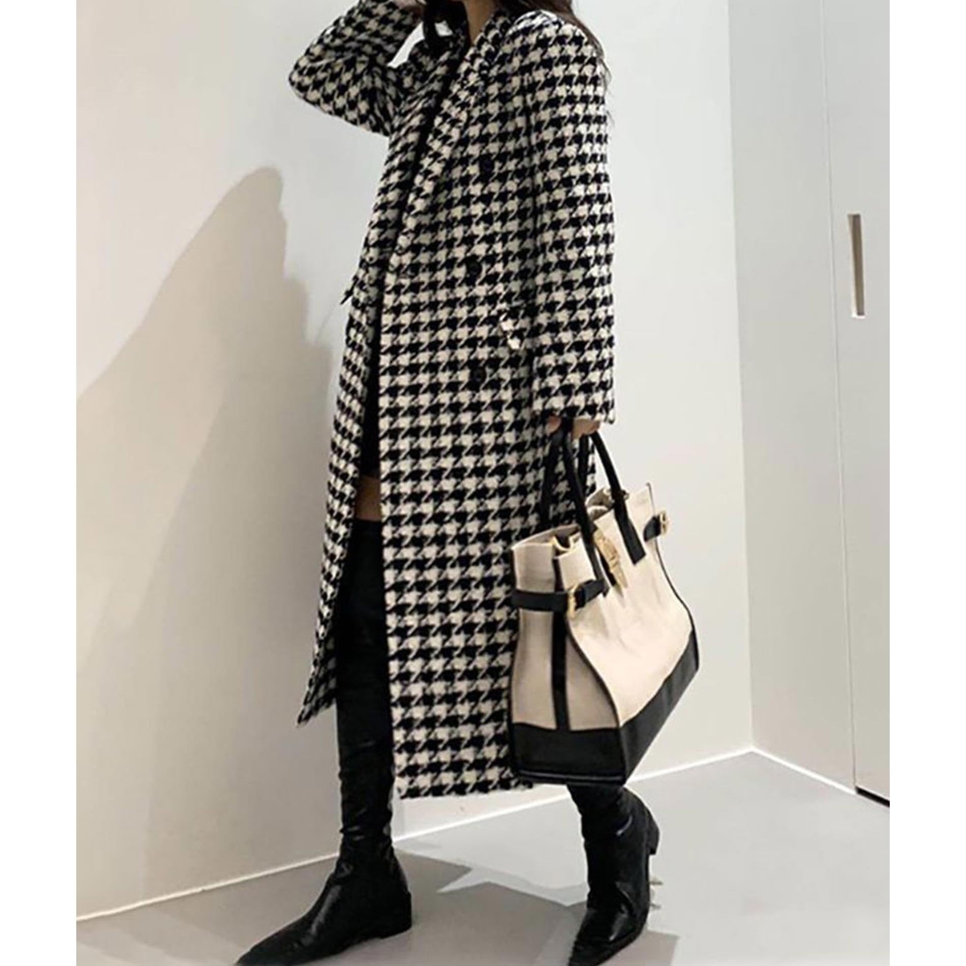 Damski płaszcz dwurzędowy typu peacoat, długa kurtka, elegancki płaszcz w pepitkę, modny płaszcz, kurtka zimowa, płaszcz przejściowy, kołnierz z klapami, kurtka casualowa