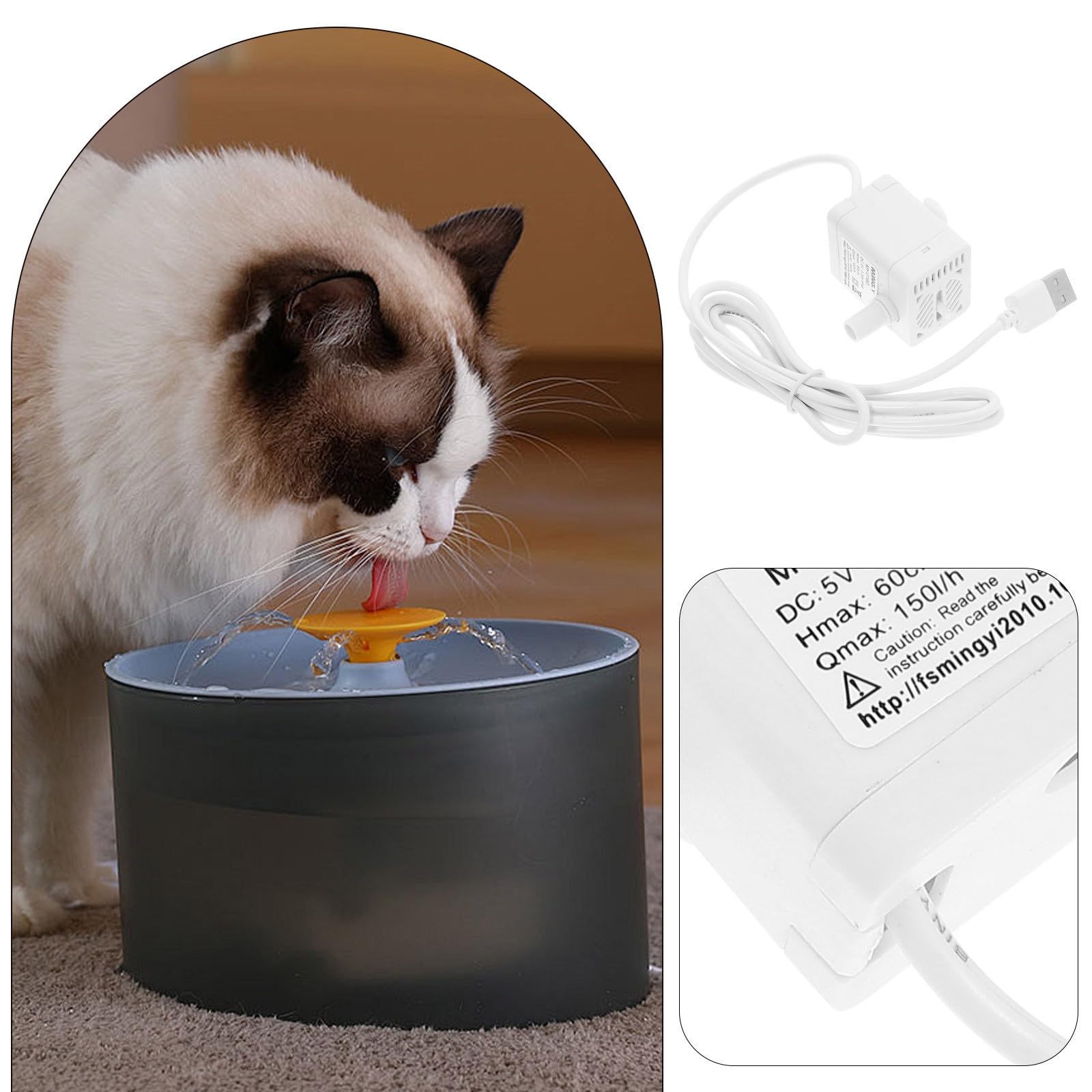Toyvian Pompe Fontaine à Eau pour Chat USB Compacte et Silencieuse, Pompe Submersible en Abs 3w 150l/h pour Fontaines à Animaux Domestiques