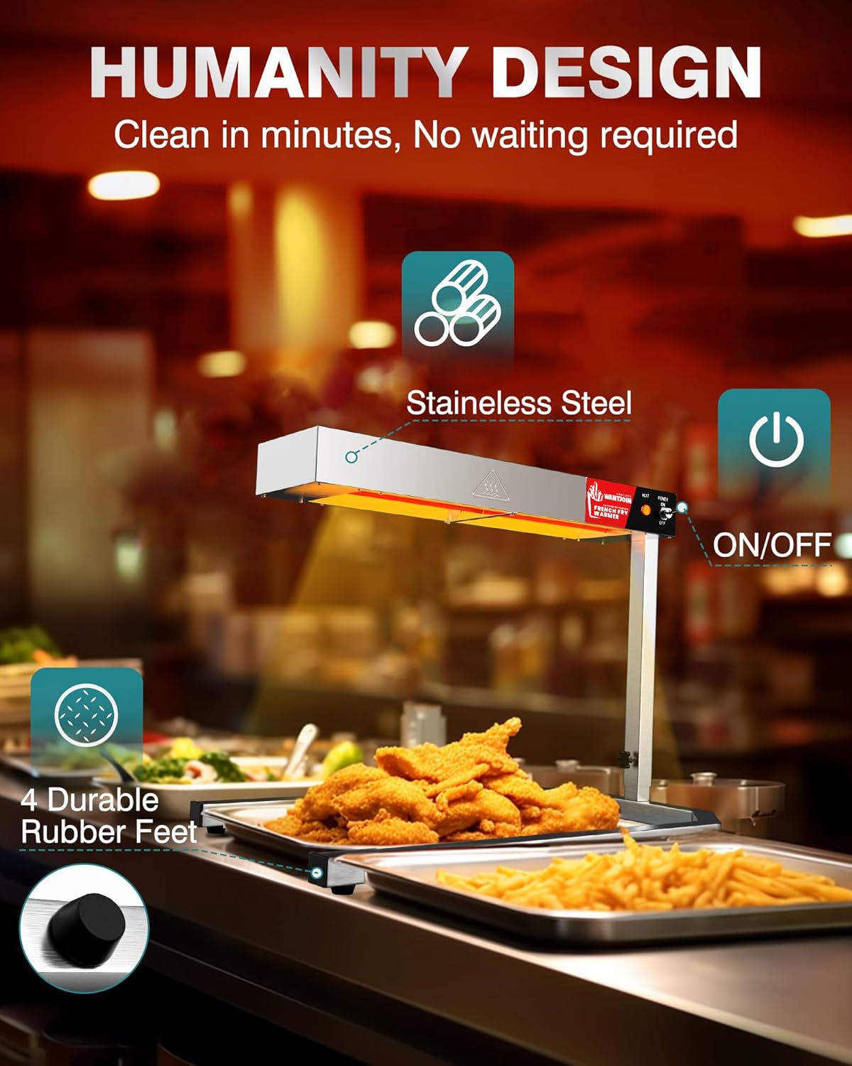 WantJoin Food Heat Lamp - Adjustable Height 500W French Fry Warmer with U Shape Base Stand, Stainless Steel Commercial Fry Warmer for French Fries Electric Heating Radiation, Silver