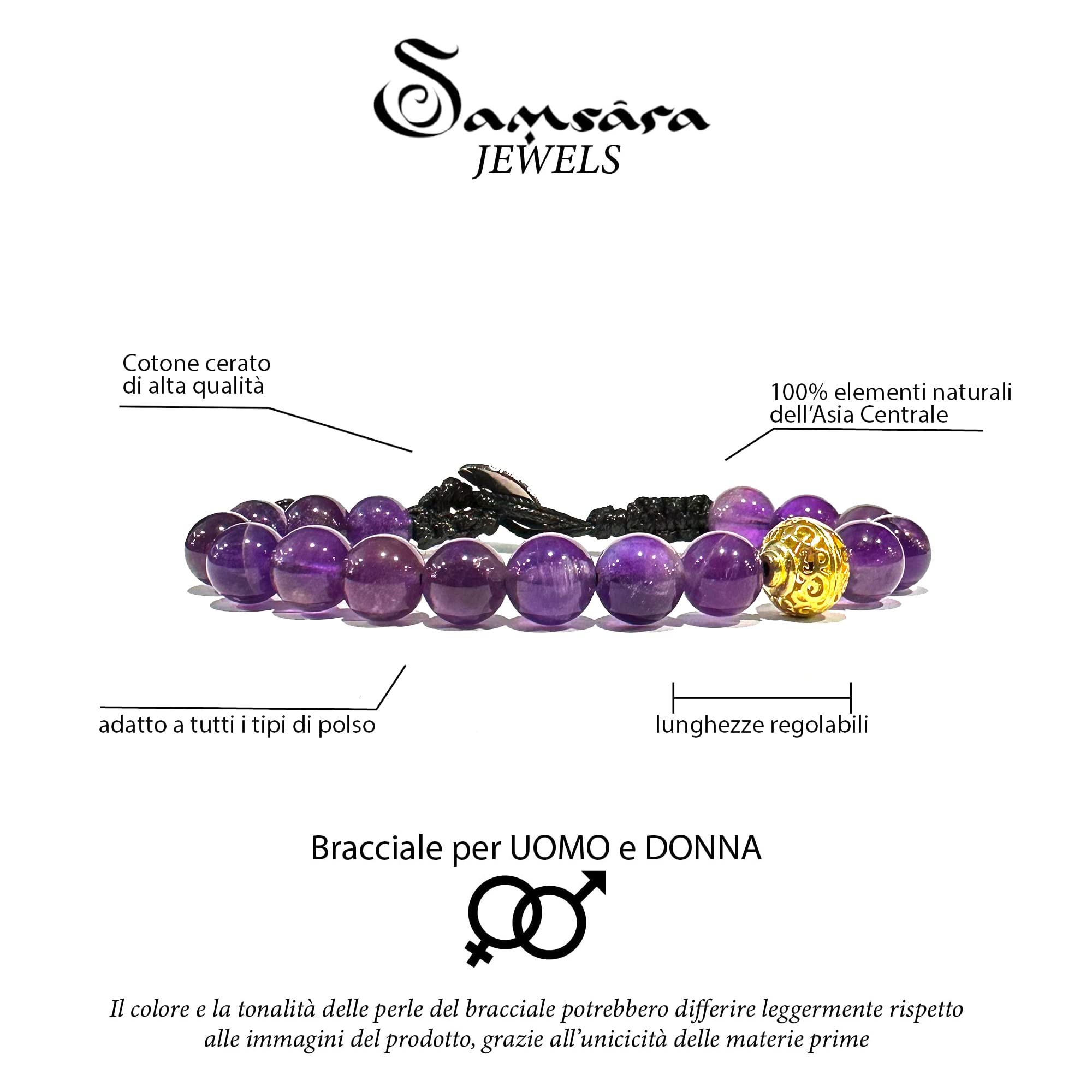Samsara Bracciale Tibetano Buddista, lunghezza Regolabile, gioiello mistico Portafortuna - Filo in cotone cerato ad alta resistenza