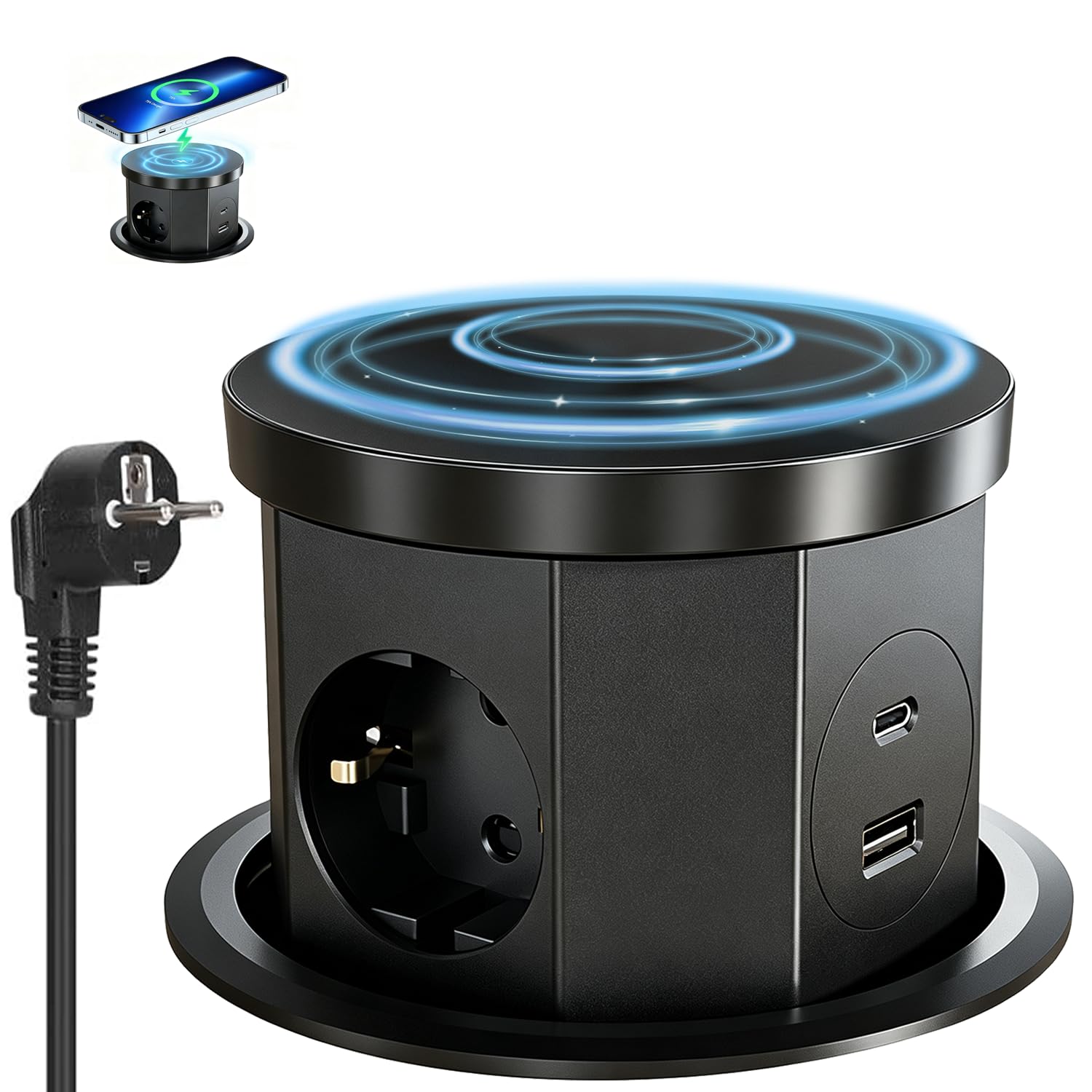 Versenkbare Steckdose, 2500W EU Versenkte Steckdose 3 Fach mit 15W Kabellosem Ladegerät & USB C & USB A & 1,5M Netzkabel, Tischsteckdose für Büro, Arbeitsplatte, Zuhause, Küche(Schwarz)