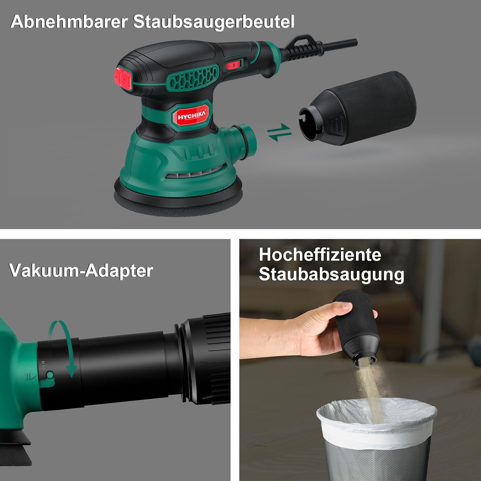 HYCHIKA Exzenterschleifer, 300W 12000OPM Exenterschleifmaschine, 6 Geschwindigkeiten, Compact Exzenterschleifer 125mm, mit 16 Stück Schleifpapier, zum Schleifen, Polieren von Holz und DIY