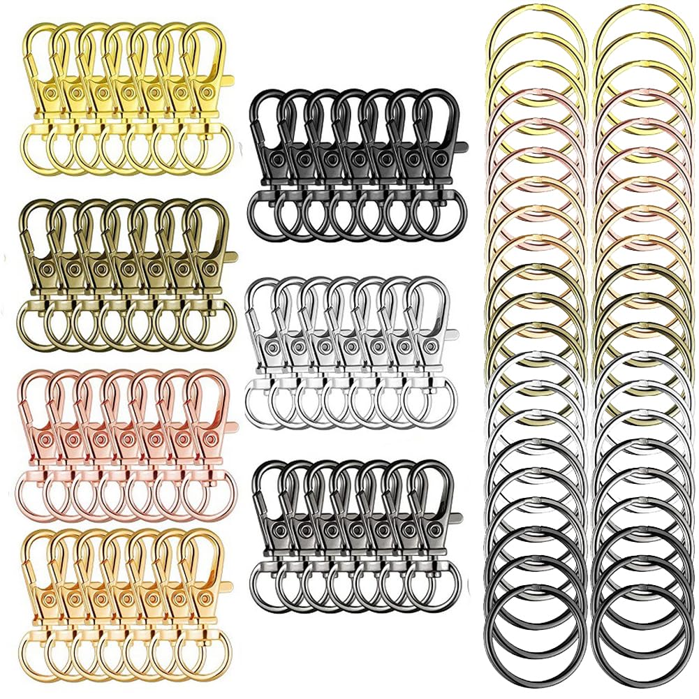 98Pcs Keychain Hooks with Key Rings, Metal Clip Keyring Key Hoops Swivel Clasps Lanyard Snap Hooks Lobster Claw Clasps, 49 Clasps & 49 Key Rings, Key Chain Ring for Lanyard, Jewelry Making, 7 Colors