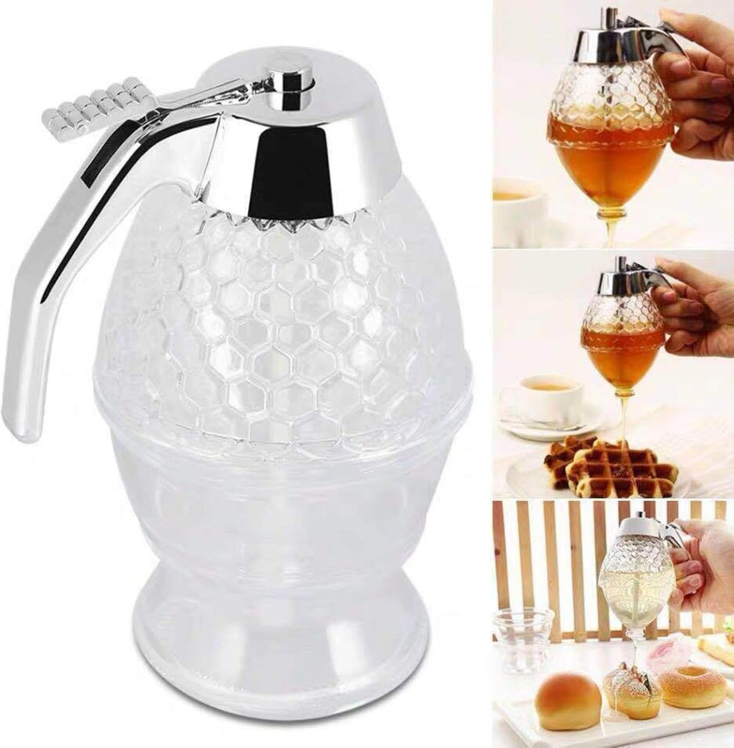 Honey Dispenser No Drip Glass, Honey Dispenser with Stand Clear Honey Pot Honey Jar for Syrup Sugar Sauces, Honey Container Maple Syrup Dispenser Glass Syrup Container image 4