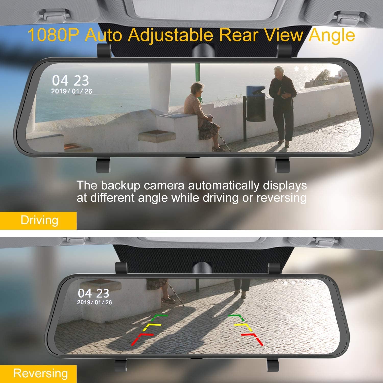 Dash camera displaying front and rear views during driving and reversing