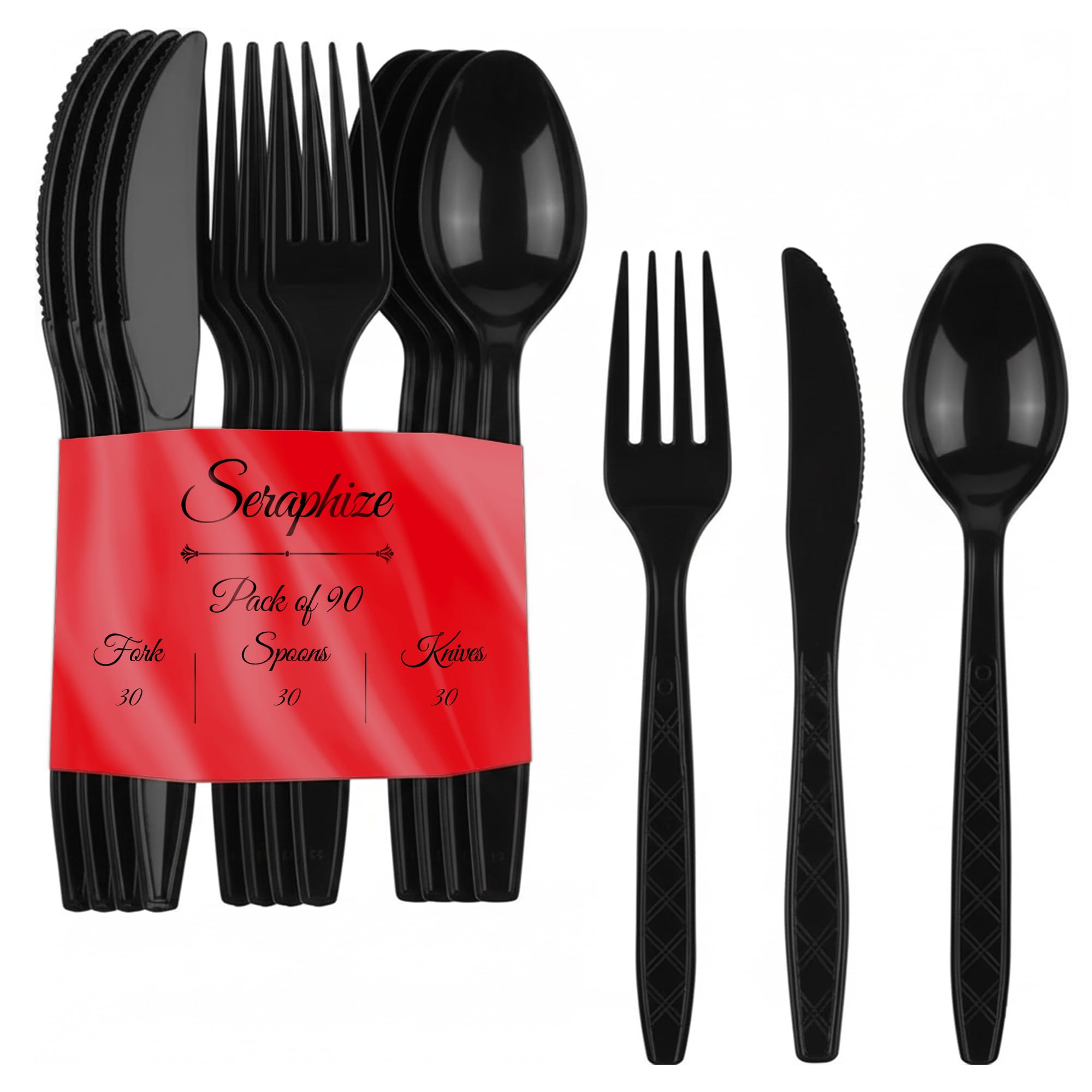 Seraphize Plastic Cutlery Set Pack of 90(30 Spoons, 30 Fork & 30 Knives) Strong, Durable & Lightweight | Heavy Duty Reusable Cutlery Set | Dining Utensils for Events & for Everyday Personal Use