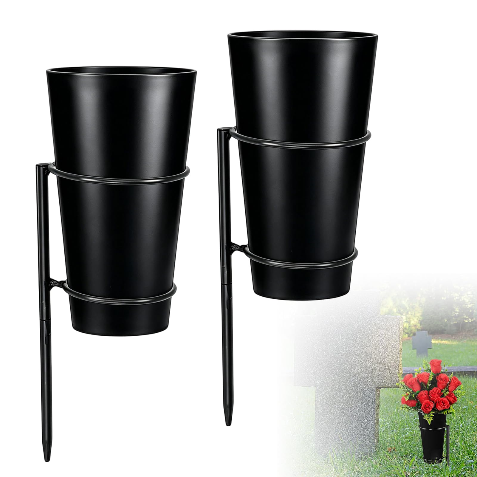 Grave Vases, 2 Pack Metal Cemetery Vases Memorial Grave Vase with Stakes Memorial Grave Vases with Stakes for Gardens Lawns and Outdoor Tribute Graveside Decorations