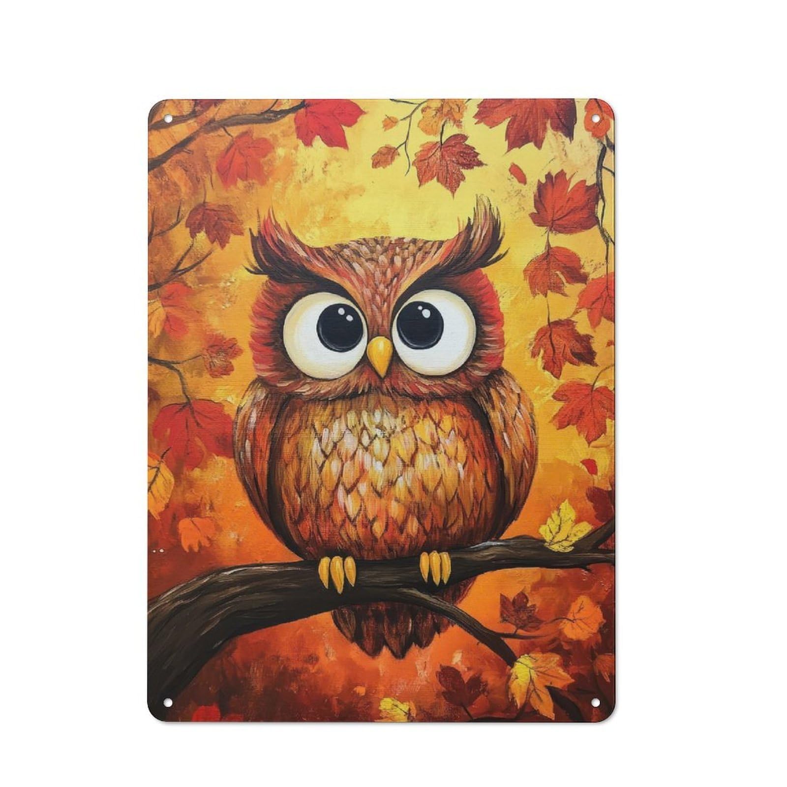 Junmoney Autumn Owl Painting Vintage Decorative Metal Plaque 40X30cm, Garden Room Wall Plaque For Shed, Garden Room, Porch Or Garage