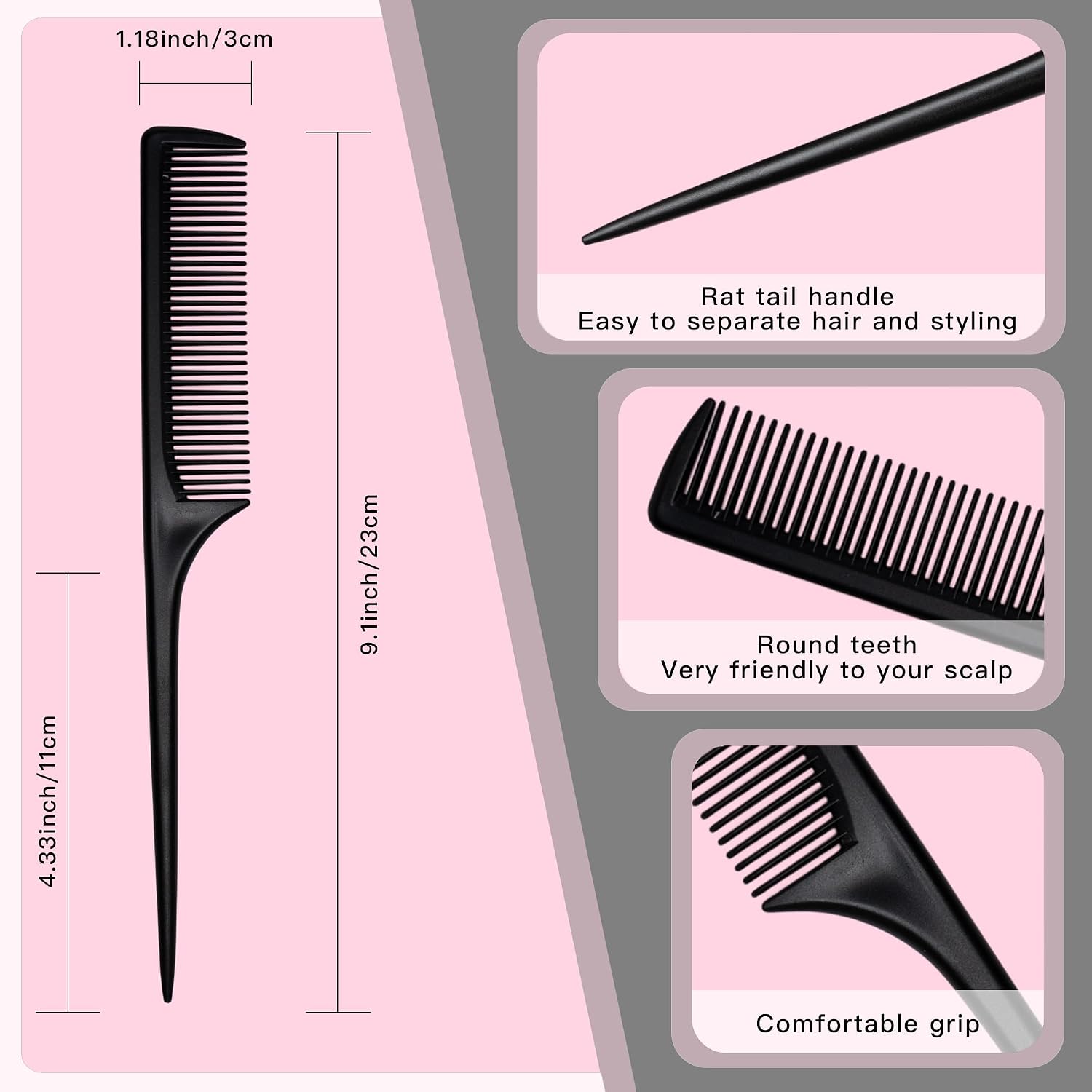 4 Pcs Rat Tail Comb Set for Women -Fine Tooth Styling comb with Pick, Anti-Static Heat Resistant Teasing Comb,Professional Hair Parting Tools for Smooth Detangling, Updos & Salon-Perfect Hairstyles.