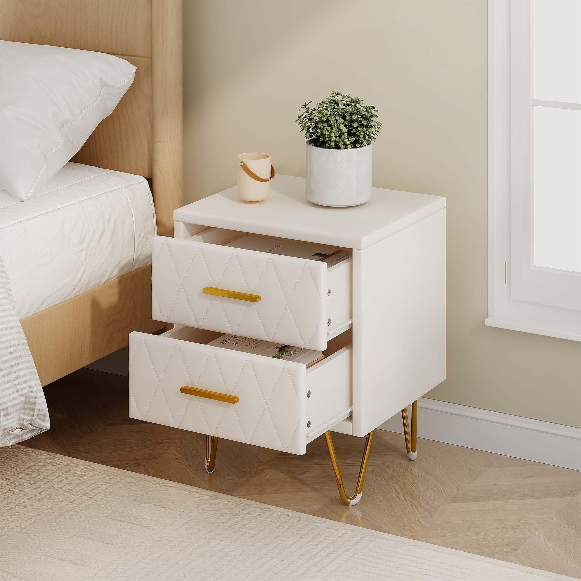 Comodino con 2 cassetti, superficie in pelle, tavolino con piedini e maniglie in metallo per camera da letto, soggiorno, 41 x 35,5 x 51 cm (beige PU+2 cassetti, 2 unità)