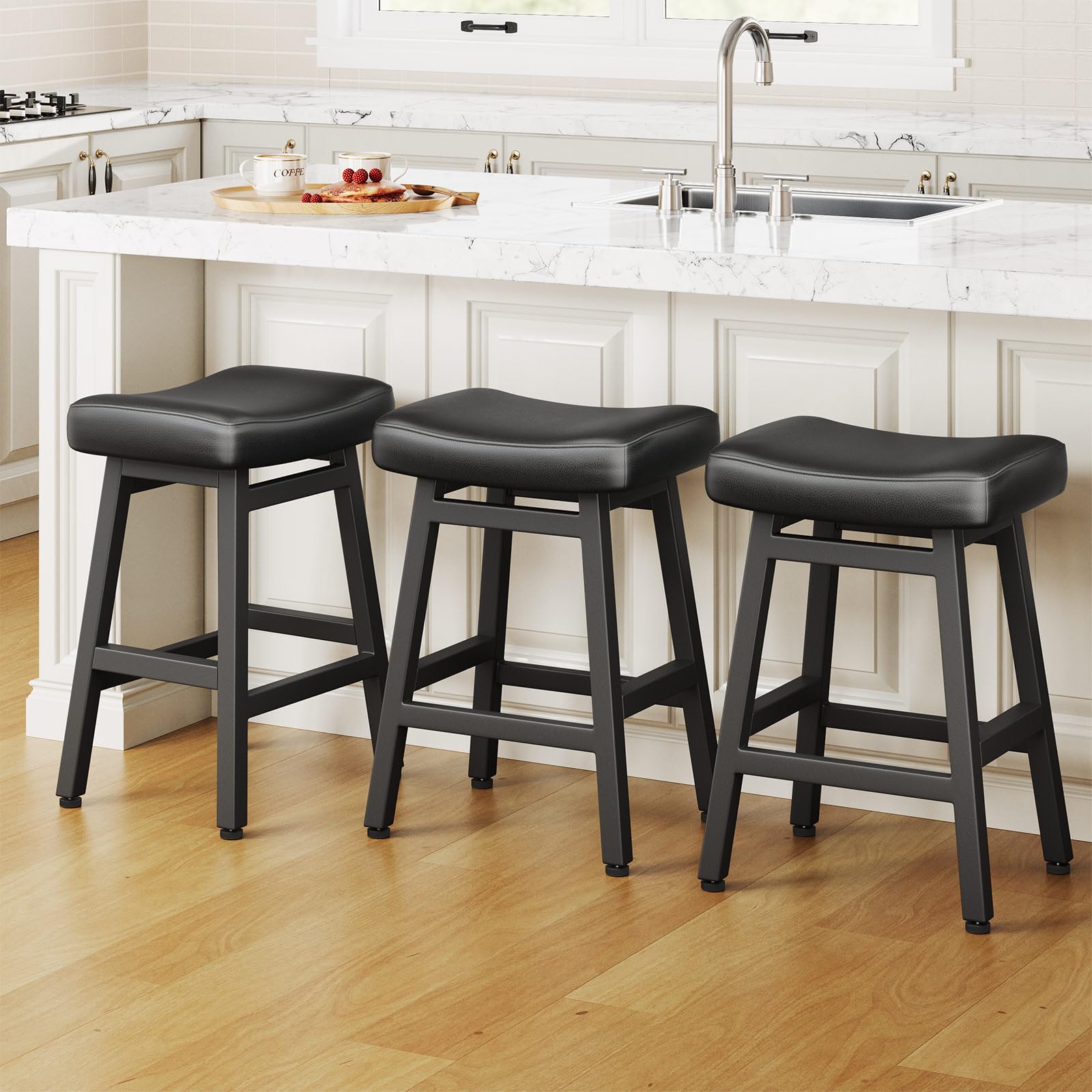 Raynesys 24 Inch Bonded Leather Bar Stools Set of 3