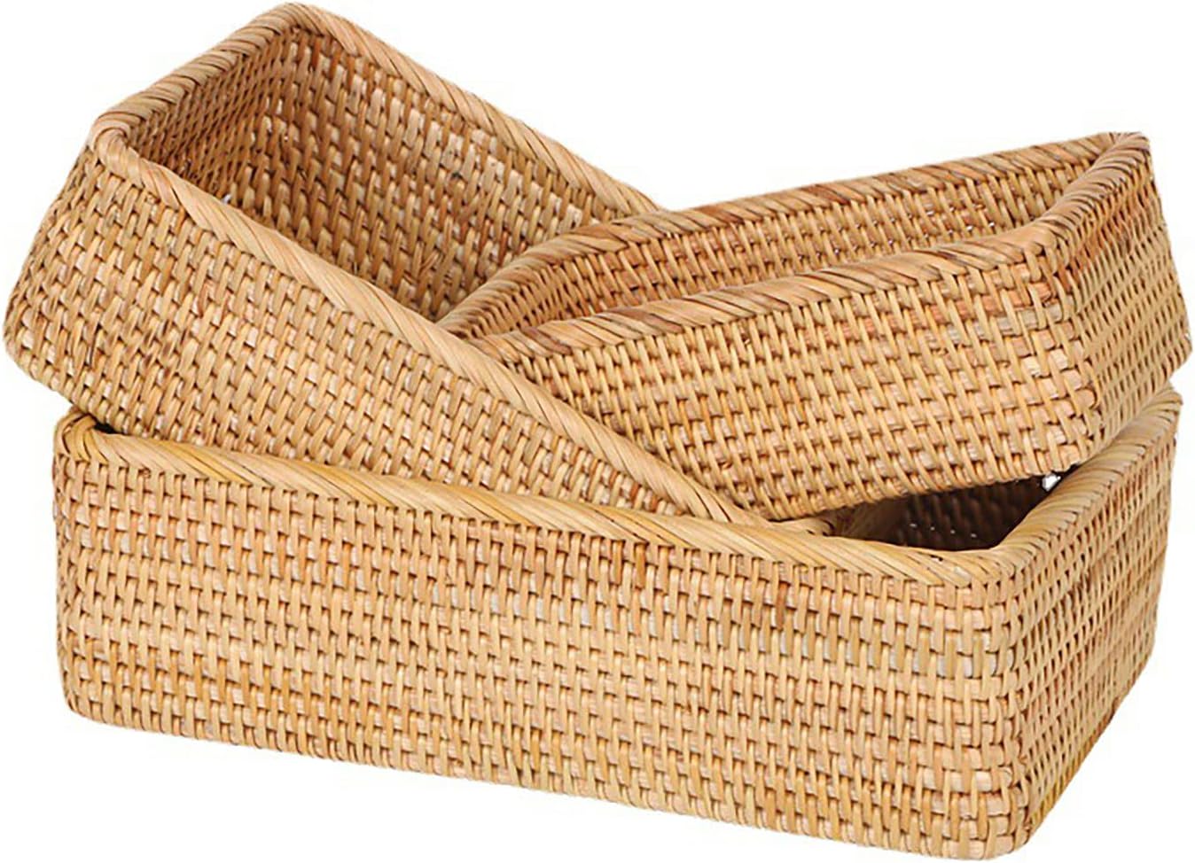 BONITA Natural Rattan Storage Baskets, Rectangular Woven Fruit Baskets, Wicker Decoration and Organizer for Bathroom, Living room (Set of 3)