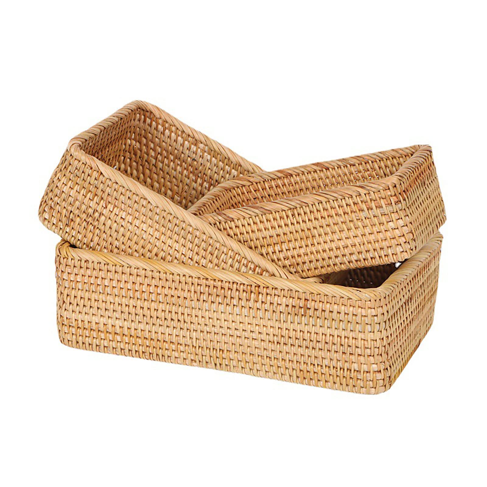 BONITA Natural Rattan Storage Baskets, Rectangular Woven Fruit Baskets, Wicker Decoration and Organizer for Bathroom, Living room (Set of 3)