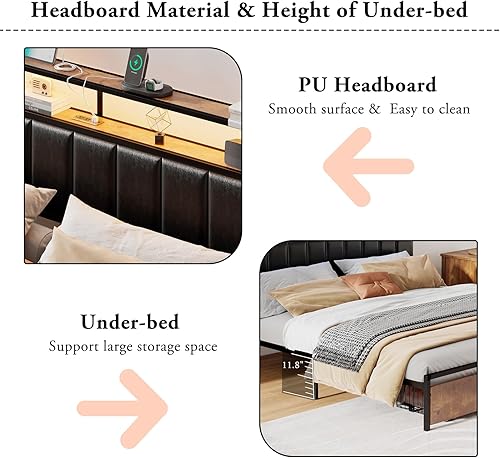 Miniatura 36 de Base de cama King con 2 cajones de almacenamiento, cabecera de poliuretano de almacenamiento de 2 niveles con estación de carga y luces LED, gris