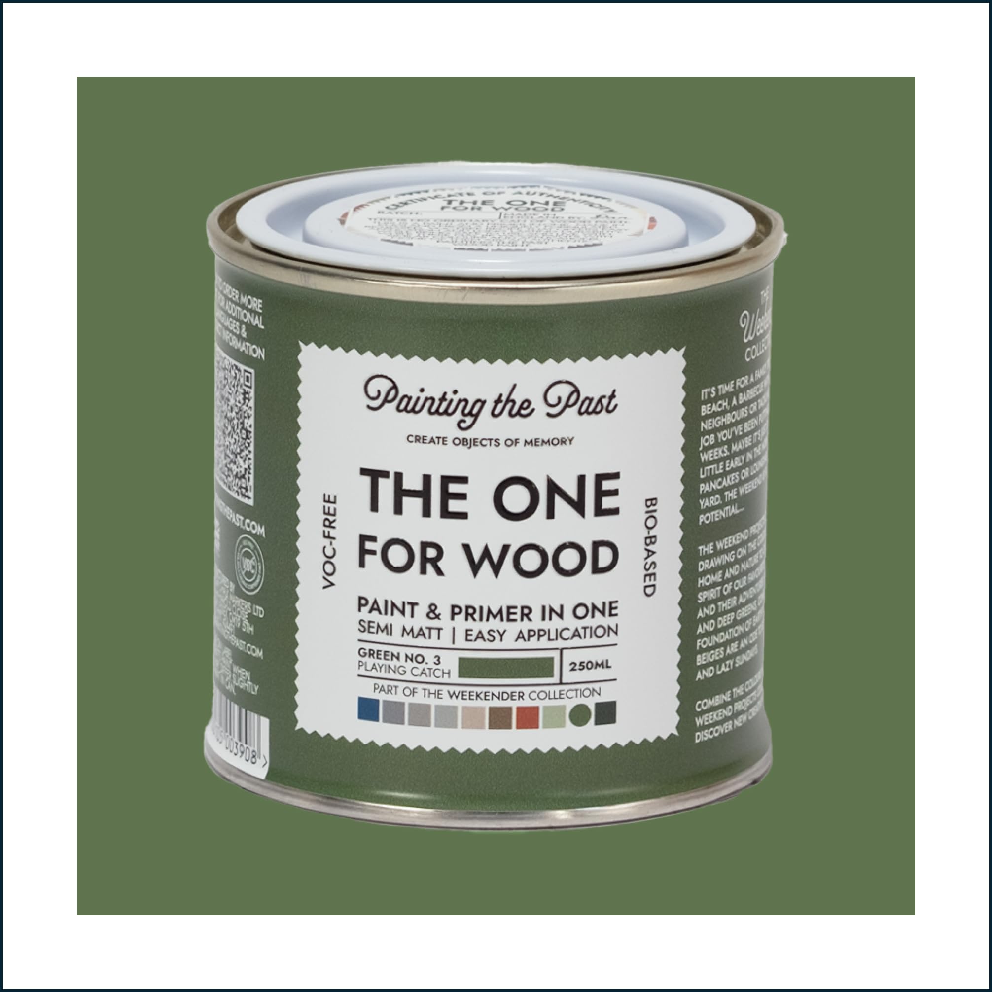 The One for Wood Paint & Primer 250ml Green No. 3 Playing Catch | Semi Matt Finish, Bio-Based & VOC-Free Formula for Wooden Furniture & Surfaces | Durable & Easy Indoor Home Decorating