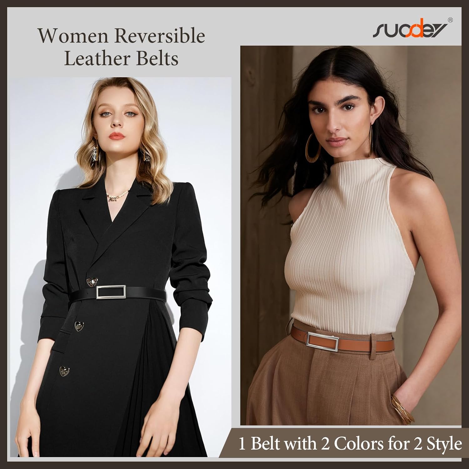 SUOSDEY Women Reversible Leather Belts for Jeans Pants Dresses Ladies Fashion Belts with Gold Buckle, 0.9" Width - Image 3