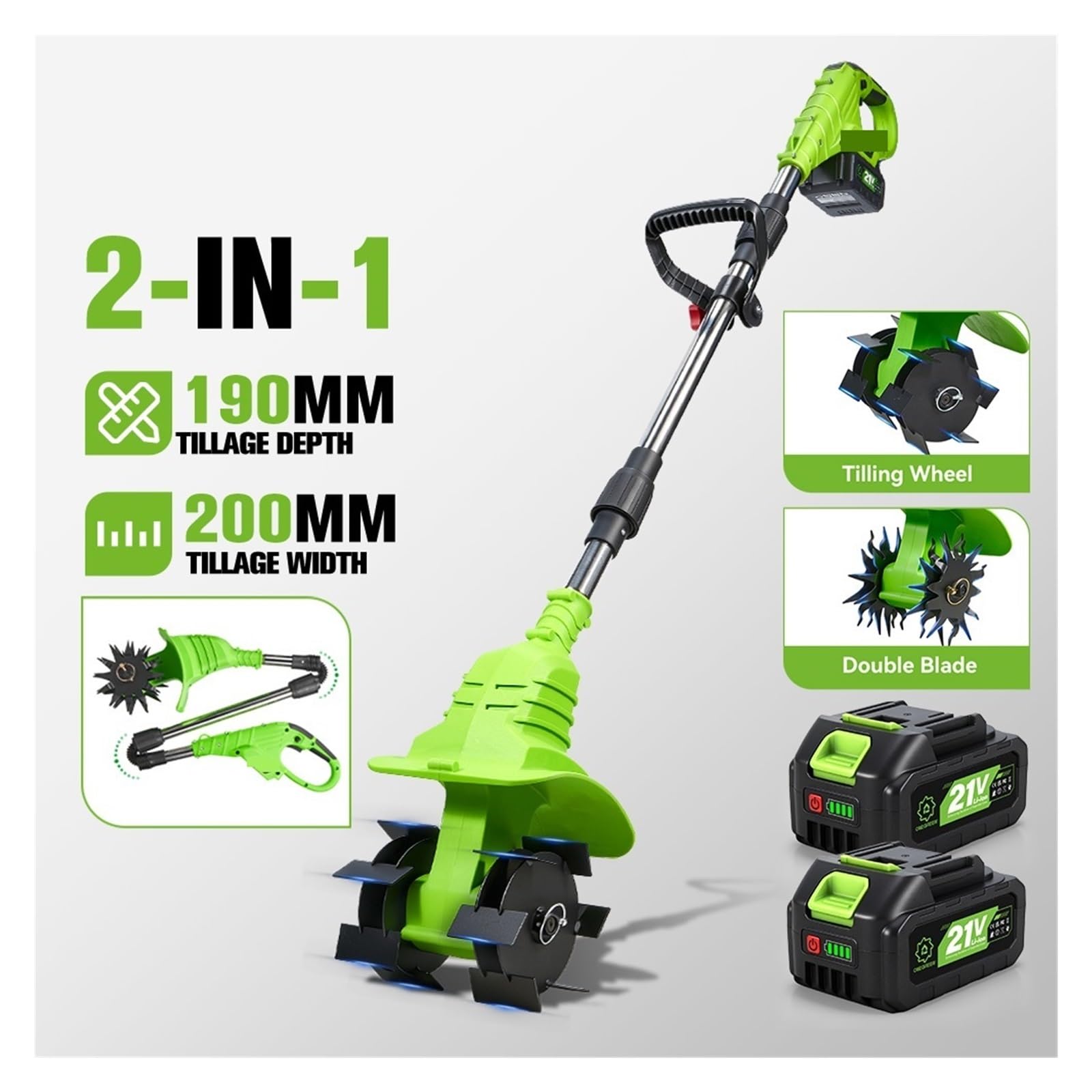 2IN1 Motozappa Elettrica Coltivatore Rasaerba Rototiller for La Coltivazione del Suolo Scarificatore Strumento for 18V Spille della Batteria Potenza Elevata(2 Battery Set)