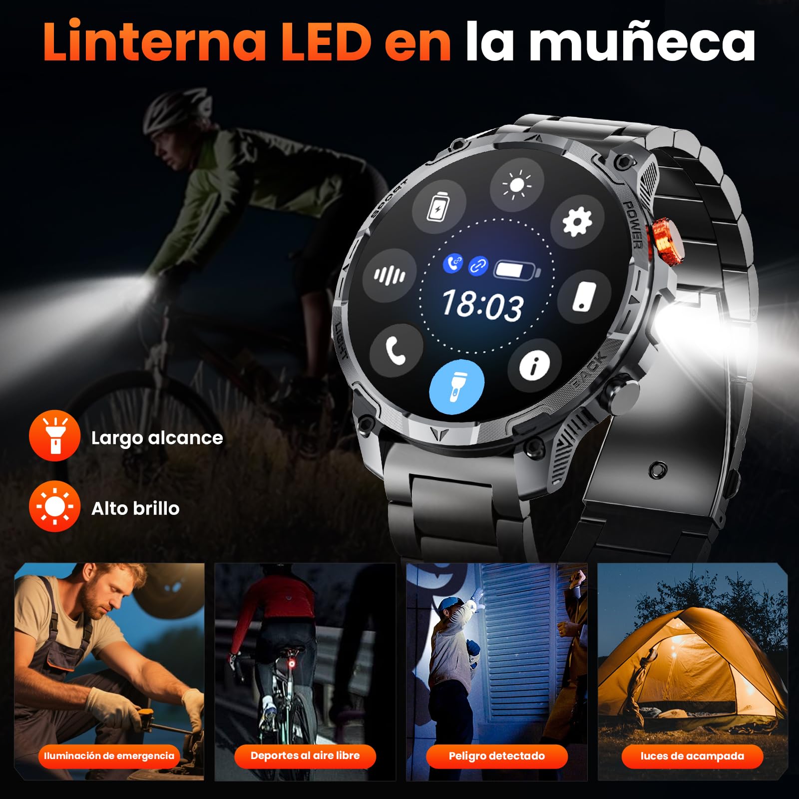 Reloj Inteligente Hombree Militares,1000 mAh Smartwatch, Dos Correas, Pantalla HD 1,75", Linterna LED, 100＋Modos Deportivos, Salud Monitorizada, Llamadas Bluetooth para iOS Android (Negro)
