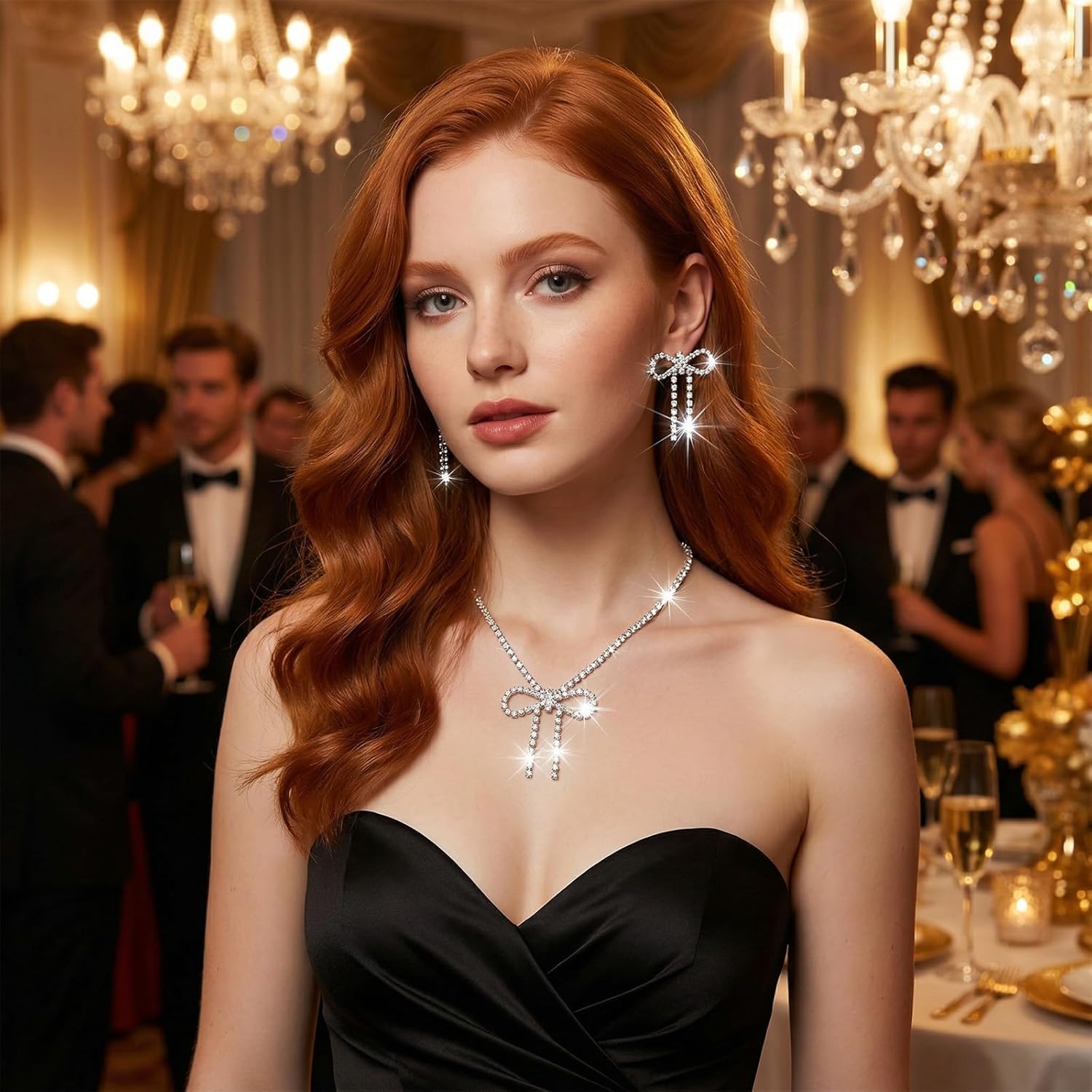 Yolev 3PCS Bow Necklace and Earring Set Sparkly Bow Jewelry Set for Women Silver Rhinestone Bowknot Jewelry Sets Statement Tassel Earrings Crystal For Bridesmaid Bride Wedding Prom - Image 4