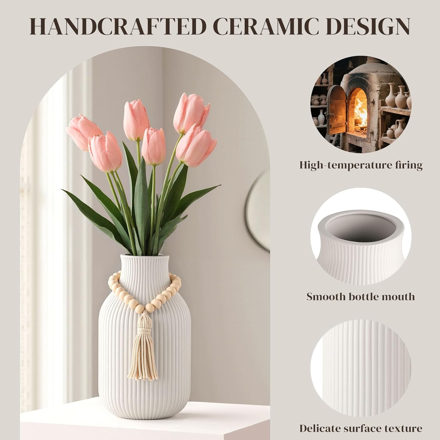 JOHOUSE White Ceramic Vase, Small Flower Vase for Pampas Grass, Home, Living Room, Dining Table, Farmhouse, Office Decor, Bedroom, Table, Kitchen Shelf, Minimalist Modern Home Decoration - Image 5