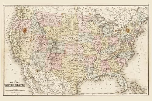 Mapa de viaje de estilo antiguo de Estados Unidos de América 1867 con ciudades en detalle, 36 x 24 pulgadas
