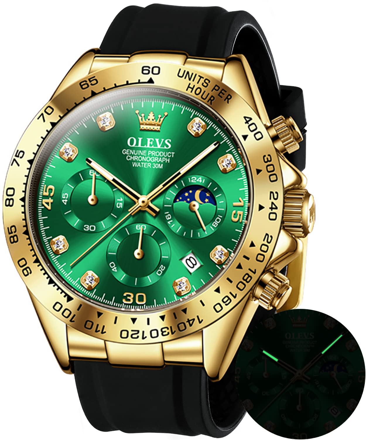 OLEVS Men's Watches Chronograph Multifunction Sport Silicone Luxury Diamond Moon Phase Quartz Male Watch Waterproof Wrist Watch Green