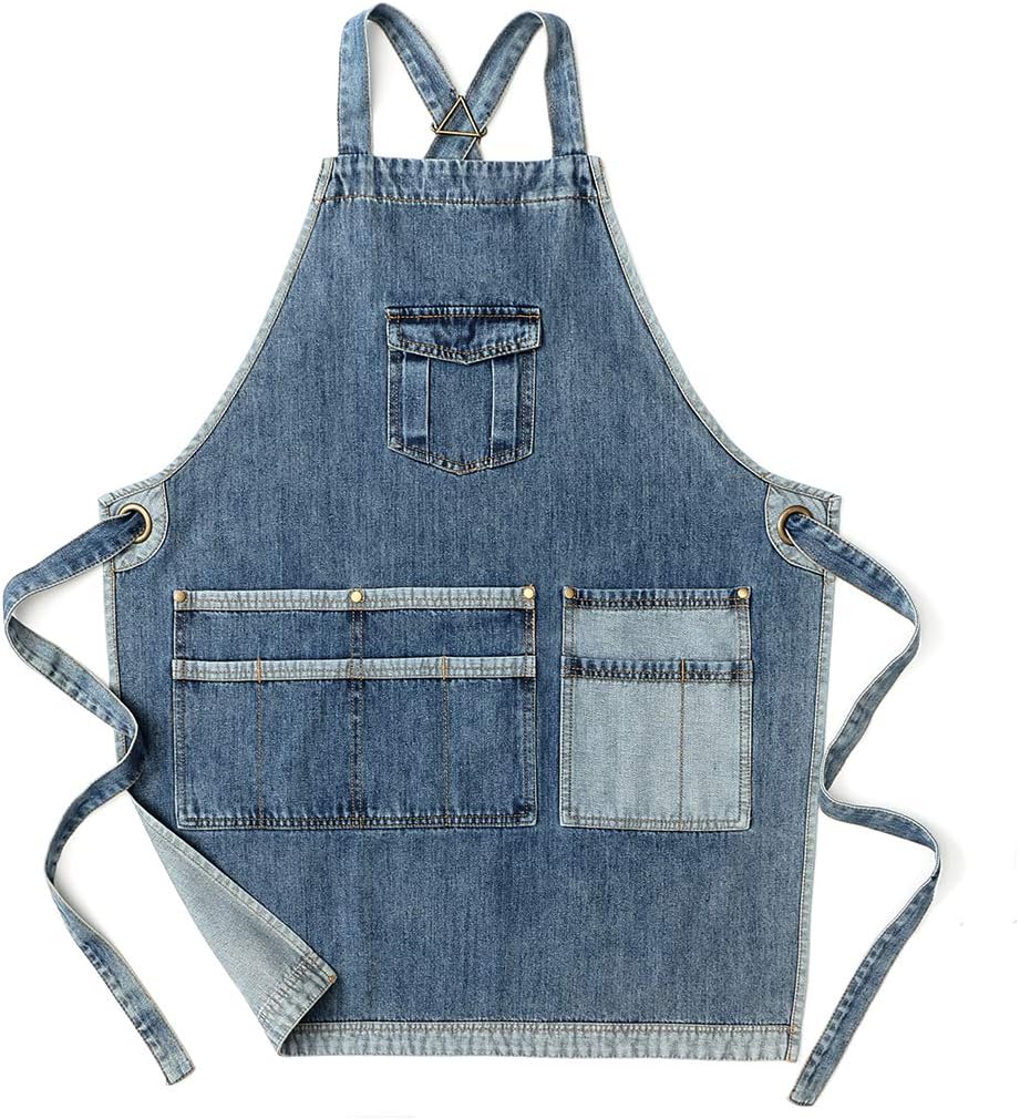 Jeanerlor - Mens Woodworking Hairdresser Tool Apron with Pockets for Welding Men - Aprons Cobbler Cross Straps & Adjustable L to XXL (Blue) Plus Size
