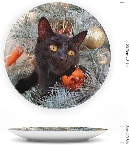 Miniatura 2 de Plato decorativo de cerámica para árbol de Navidad con diseño de gato negro, placa decorativa con soporte, placa redonda de exhibición para