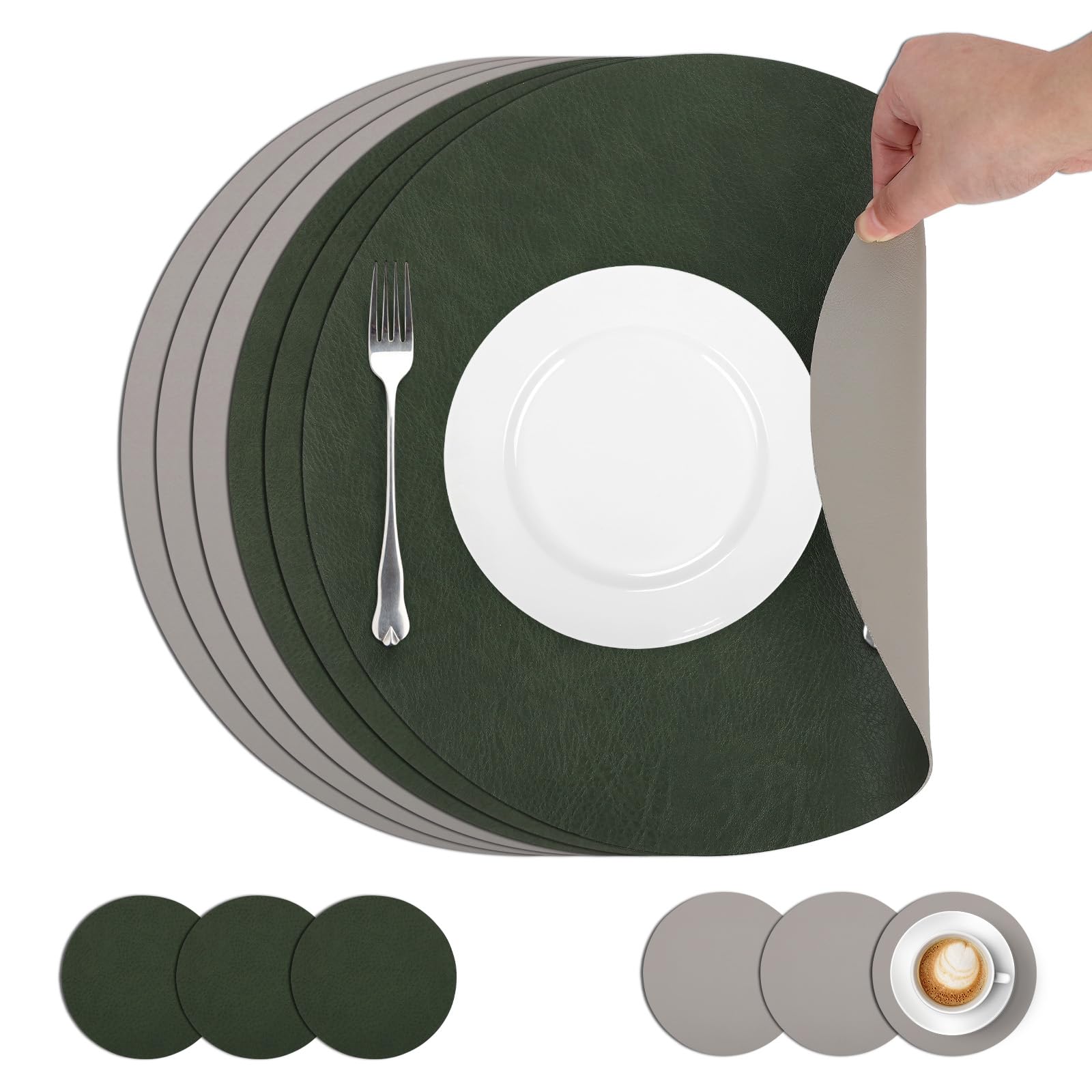 comfoyar Round PU Leather Placemats and Coasters Set of 6, 33cm Non-Slip Dual-Sided Heat Resistant Place Mats, Waterproof Washable Table Mats for Kitchen Dining Party Table Decoration(Green Grey)