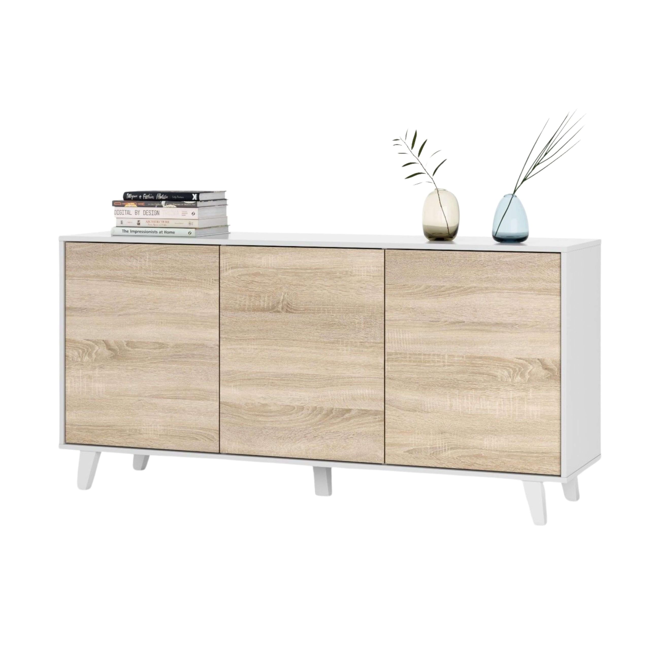 Habitdesign – Aparador Buffet 3 Puertas para Salón o Comedor, Aparador con Patas, Color Blanco Brillo y Roble Canadian, 154x41x75 cm - Zaiken Plus
