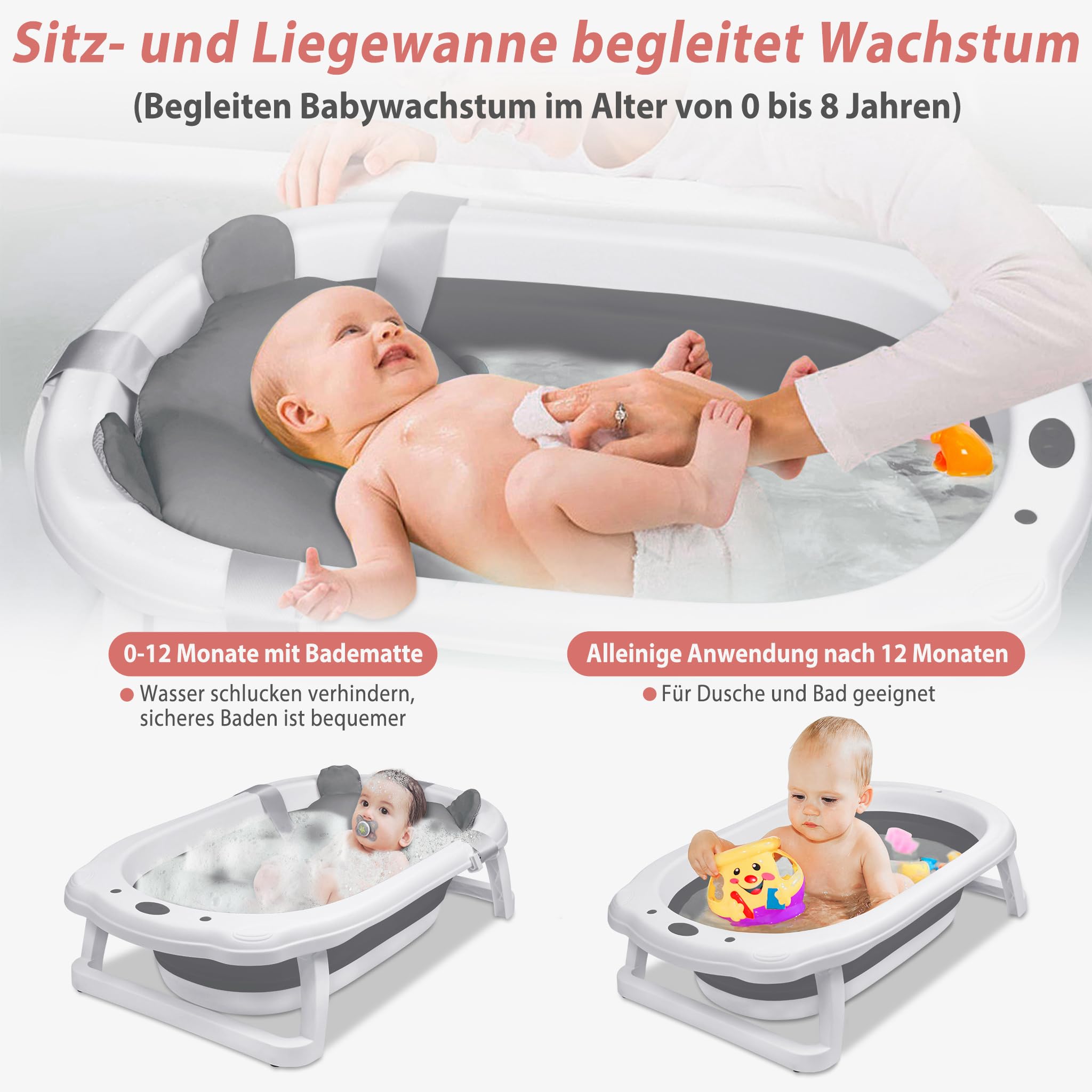 Aufun Faltbare Baby Badewanne ergonomische Babywanne mit rutschfesten Füßen für Babys und Neugeborene, inkl. Bade Sitzkissen, folding bathtub, platzsparend (Grau+ Badewannenkissen)