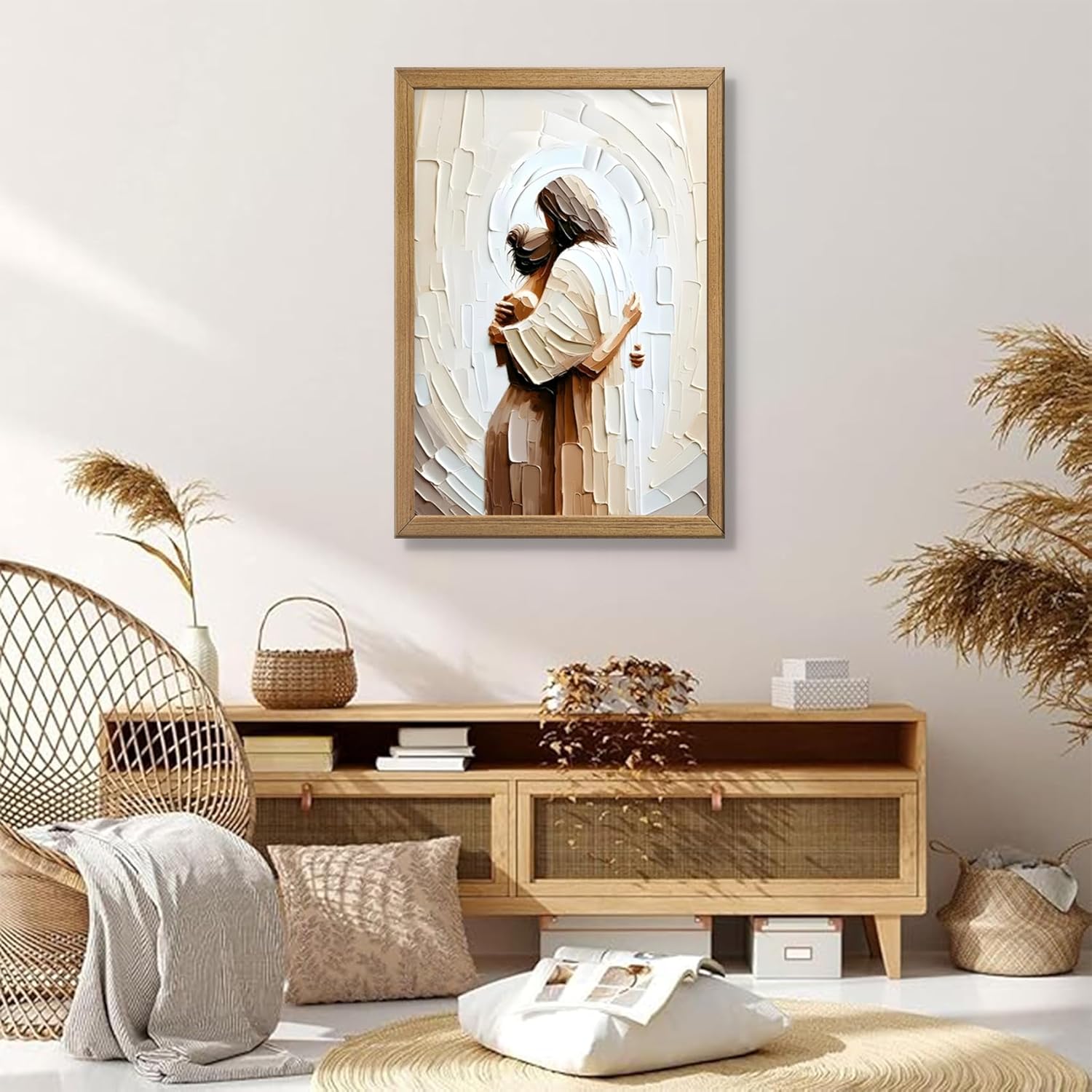 Wood Framed Jesus Embracing Woman Canvas Wall Art Christian Painting Prints Religious Wall Decor Jesus Posters Women Praying Pictures Church Artwork for Bedroom Church Prayer Room Wall Decoration