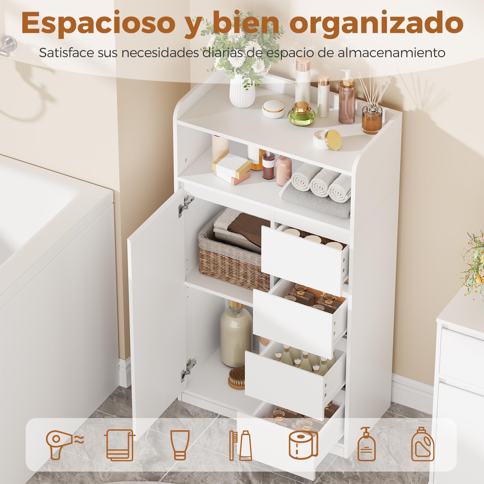 ANWBROAD Armario de Baño con 4 Cajones, 1 Puerta de Armario y Estantes Ajustables, Armario de Almacenamiento para Baño, Salón, Cocina, Blanco, 110 x 60 x 30 cm, SBC014W