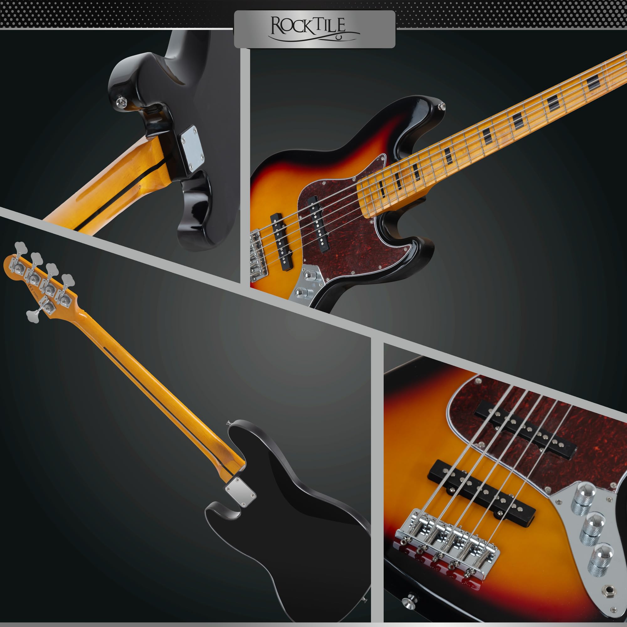 Rocktile Pro JBS50-SB Basso Elettrico - Basso 5 corde stile JB con corpo in tiglio - manico in acero e tastiera in acero - 2x Single Coil pickup - 2x Volume, 1x Tone - Mensura 34" - Sunburst