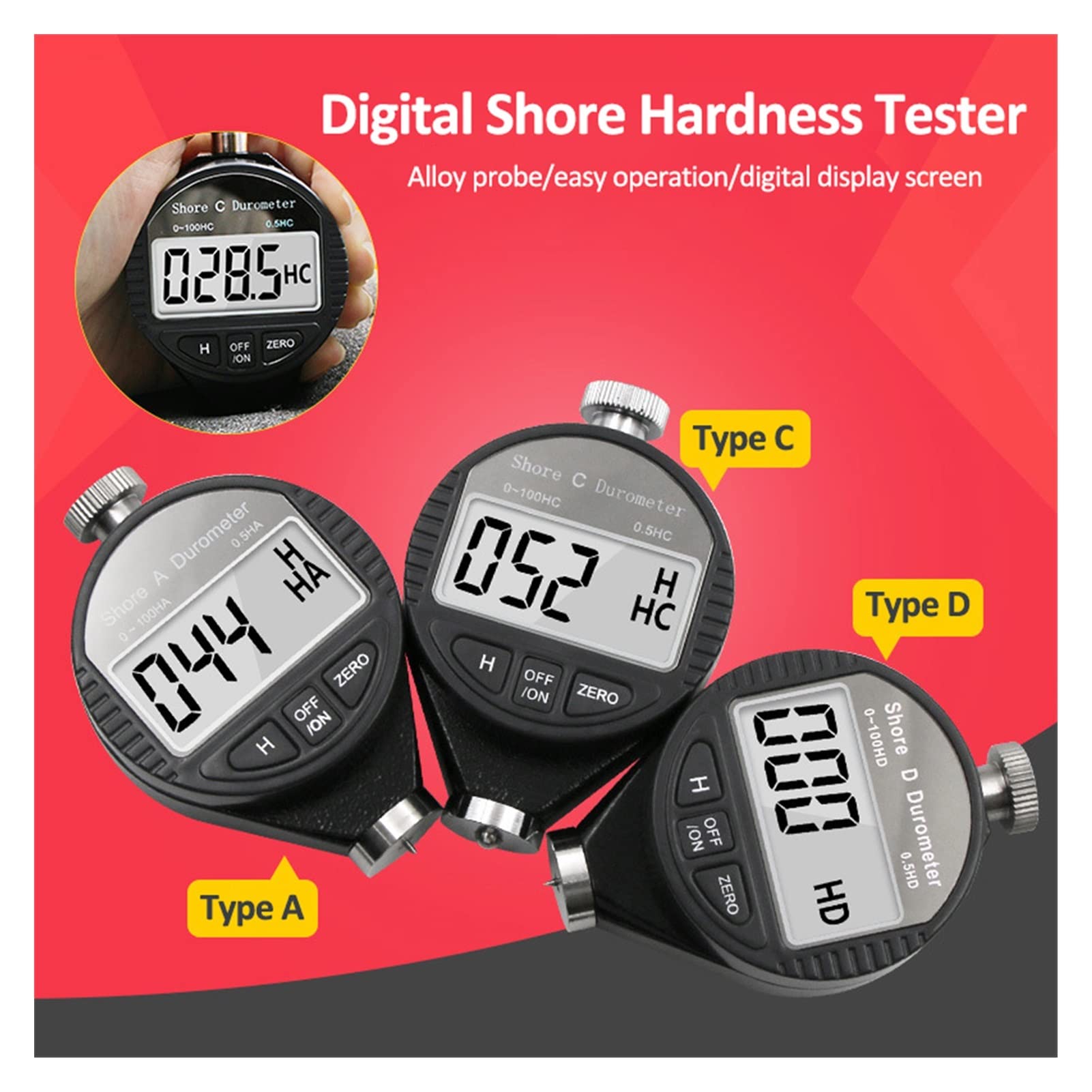 Härteprüfer, Digital Härte Durometer Tester Meter Shore 0-100 A/C D for Kunststoff-Ledergummi-Multi-Harz(0-100HC)