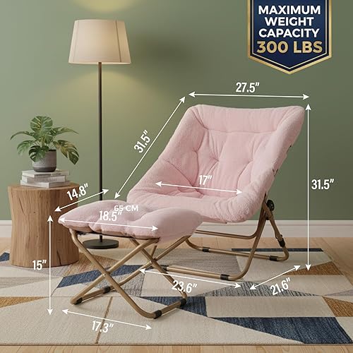 Miniatura 3 de Tiita Silla plegable con otomana recta, silla plegable de gran tamaño de piel sintética suave, silla perezosa, silla de luna con marco de metal para