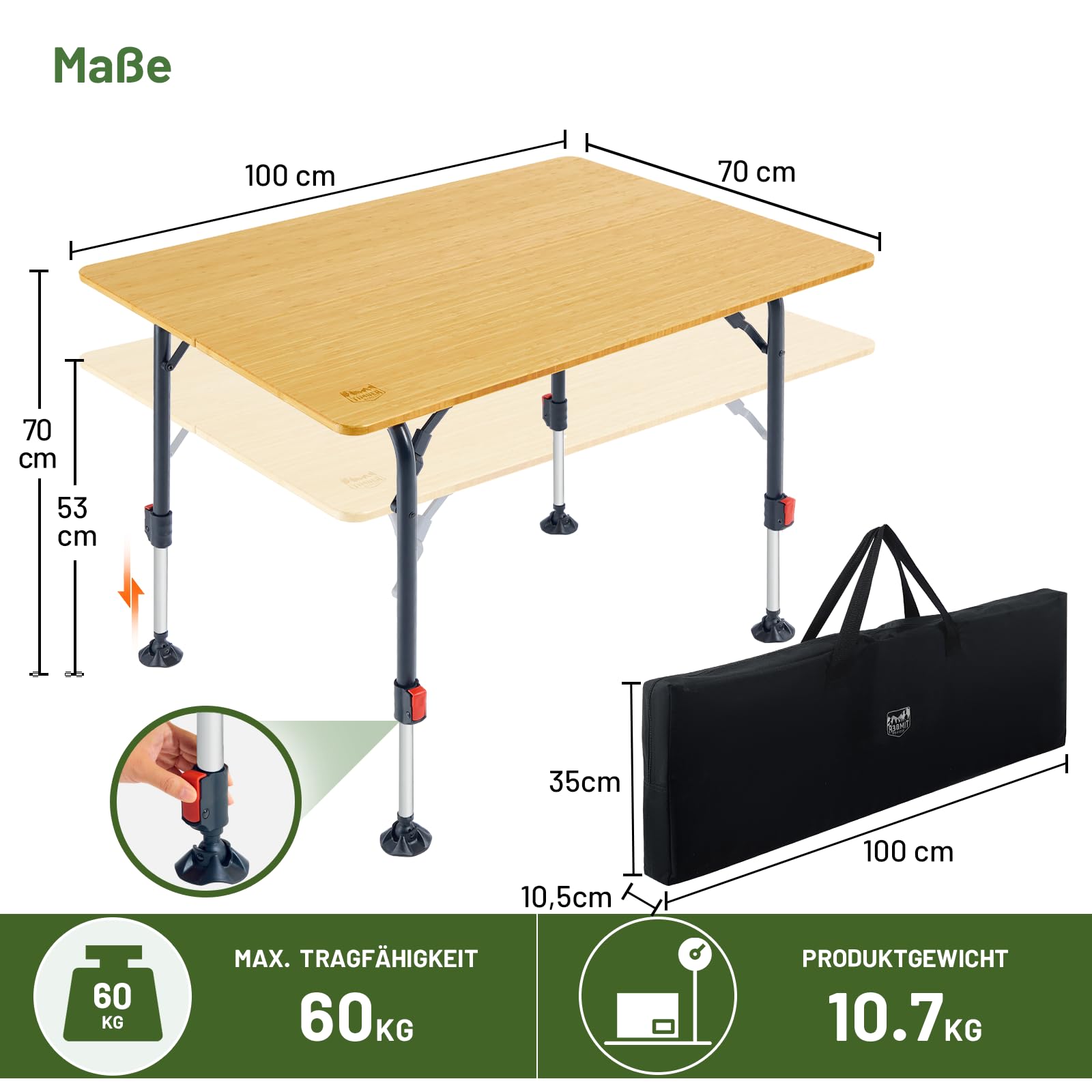 TIMBER RIDGE Campingtisch Klappbar Bambus Klapptisch Höhenverstellbar 53-70cm Aluminiumrahmen Gartentisch mit Tragetasche 100x70 cm für Garten Picknick Balkon Wohnmobil