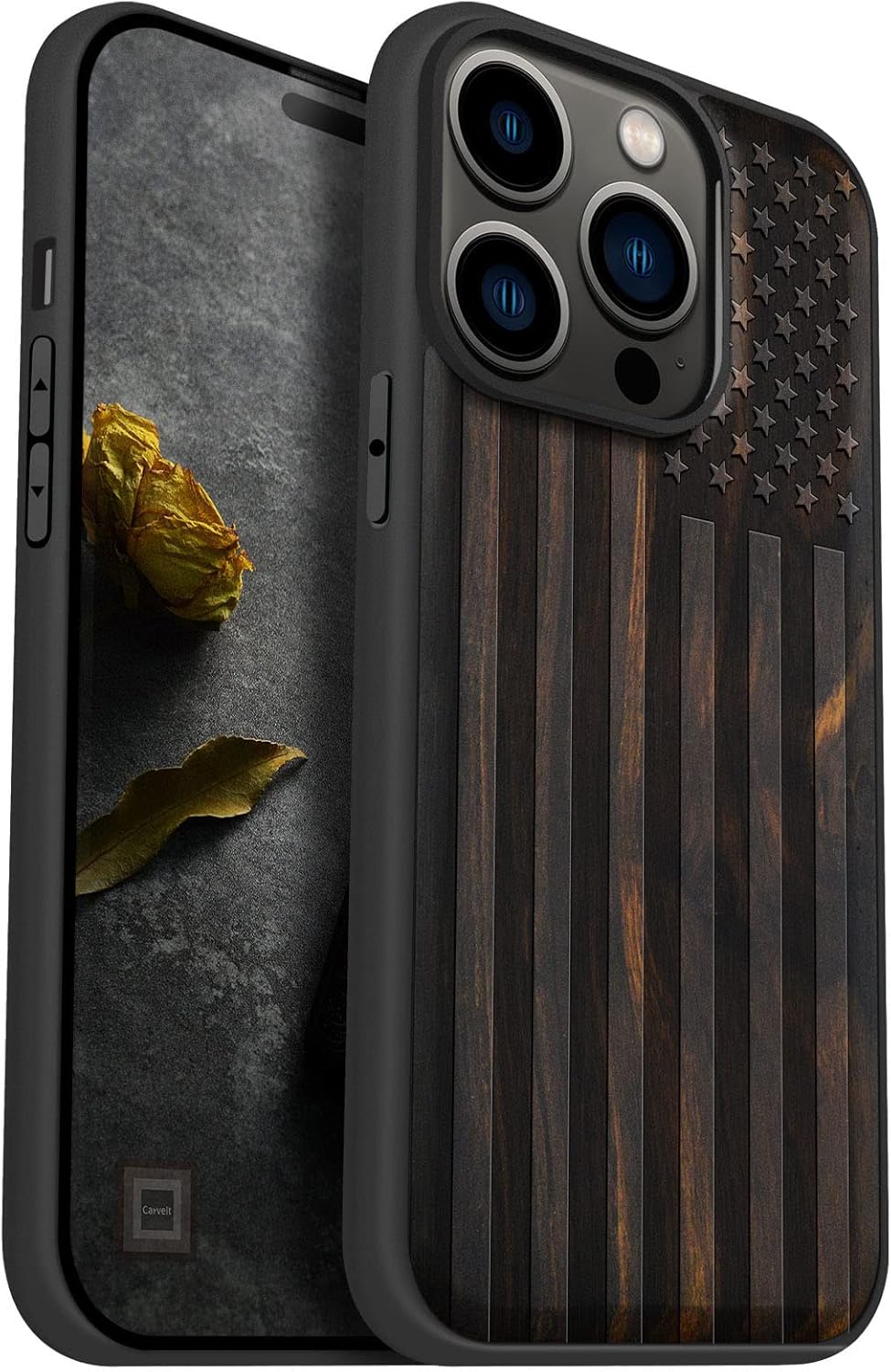 Carveit Magnetic Wood Case for iPhone 14 Pro - Natural Wood & Black Soft TPU - Shockproof Protective Cover - Unique & Classy Wooden Case - Compatible with MagSafe (American Flag - Blackwood)