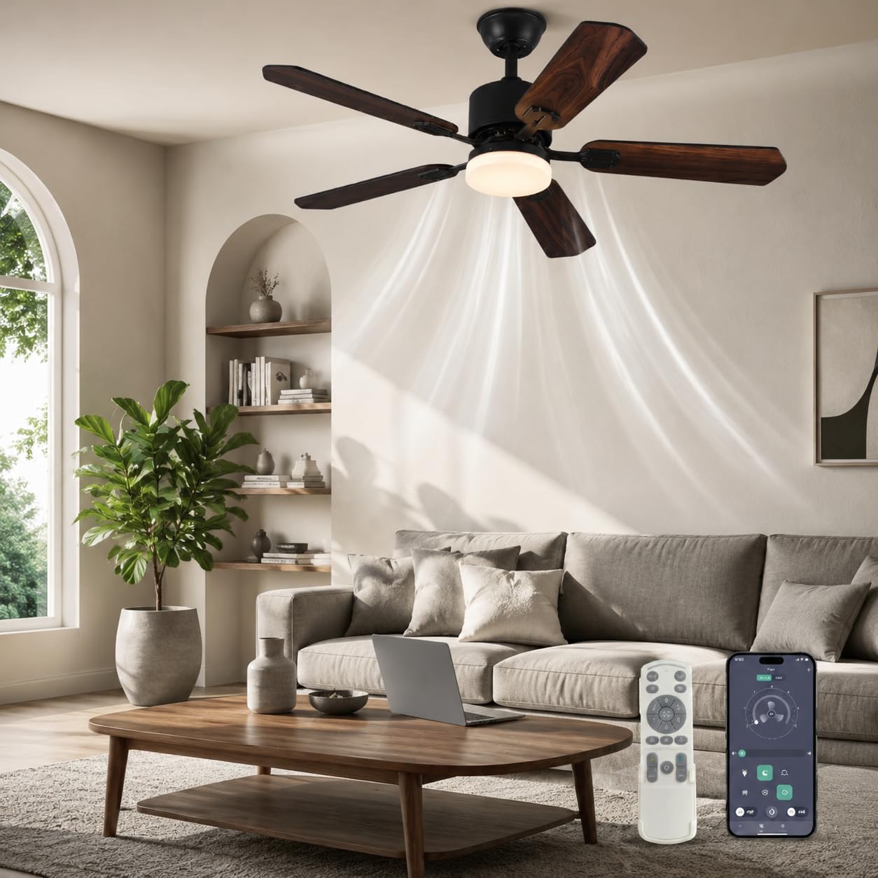 DATO Deckenventilator mit Beleuchtung und Fernbedienung,108 cm,5 Holzflügel,3 Farbtemperaturen,Timer,für Schlafzimmer und Wohnzimmer (Schwarz, 108 cm)