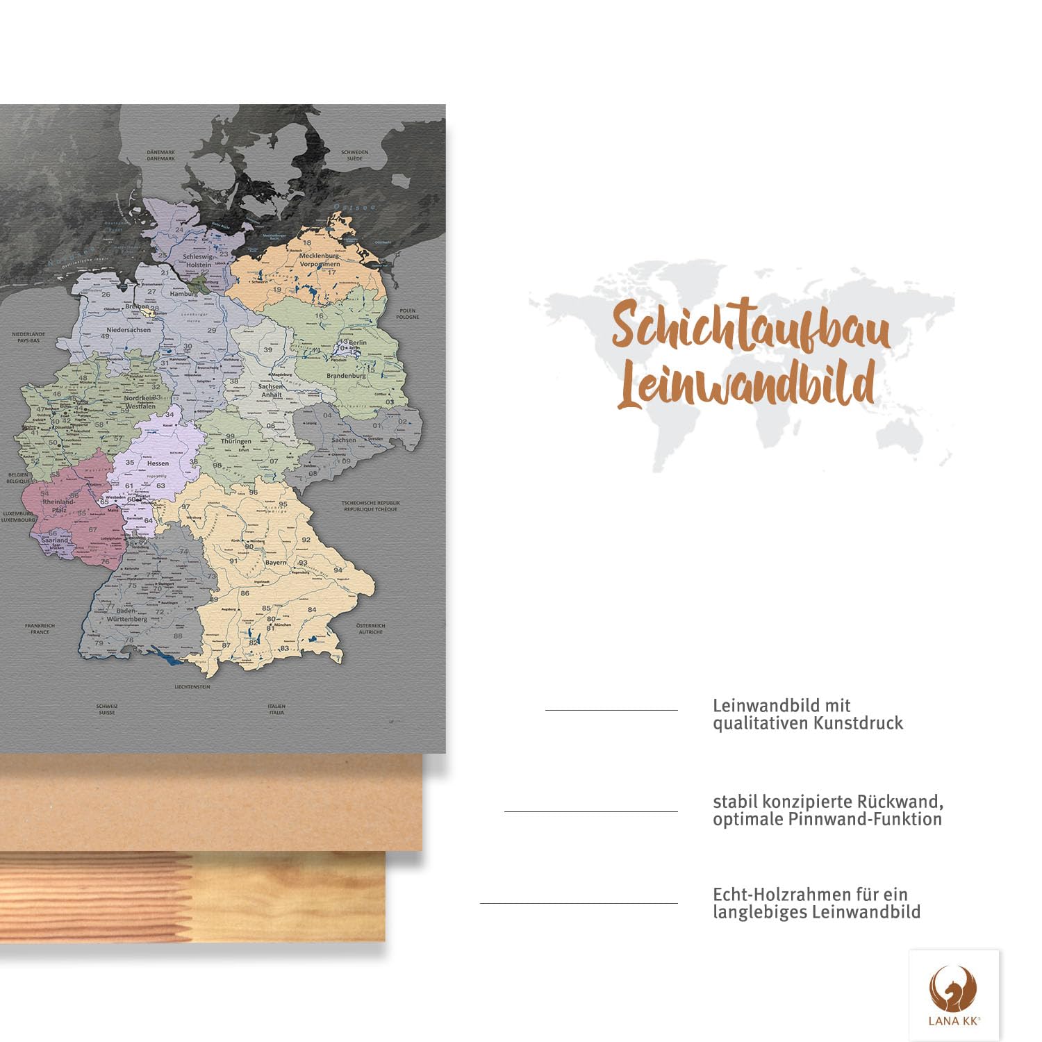 LANA KK - Premium Pinnwand Deutschlandkarte - Edelgrau - Deutsch - in 40 x 60 cm, stabile Rückwand zum Pinnen inkl. Starterkit - Leinwand-Kunstdruck Wandbild Landkarte XXL