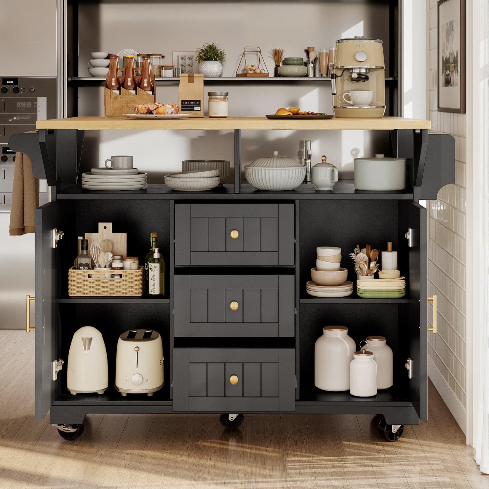 Desserte ilôt de Cuisine avec roulettes,Buffet Cuisine de Rangement avec Plateau de Table Pliable,Chariot de Repas,Buffet Mobile,3 Tiroirs et 2 Portes,142.5x40-80x95cm (Noir-E)