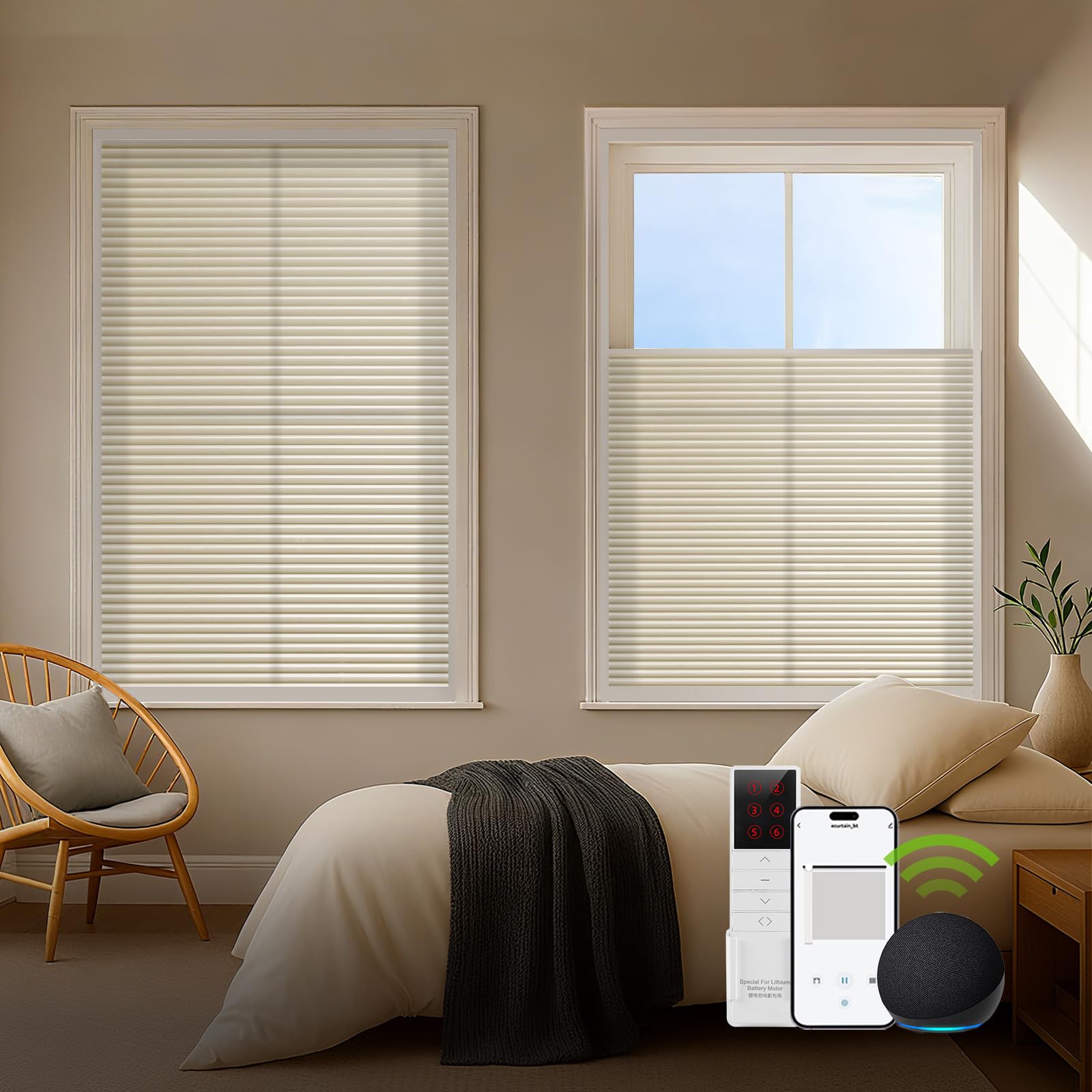 ZSTARR Motorized Honeycomb Cellular Shades Electric Skylight Shades for Vertical and Skylight Windows Cordless Rechargeable Smart Blinds with Optional
