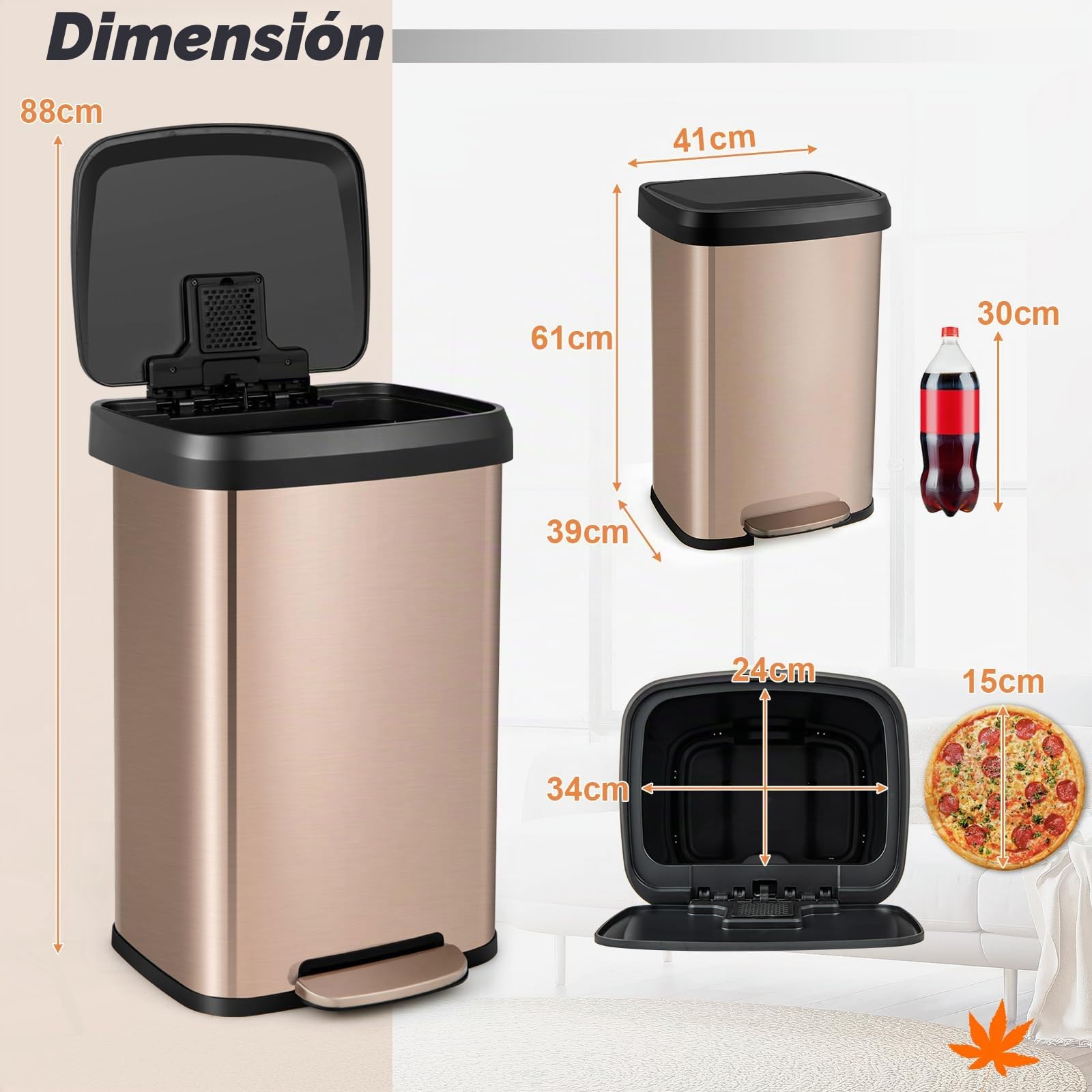 Giantex Cubo de Basura de Cocina de 50 Litros, con Tapa y Pedal, Cubo de Basura de Cocina de Acero Inoxidable y Plástico, Cubo Basura con Compartimento Desodorizante, 41 x 39 x 61 cm