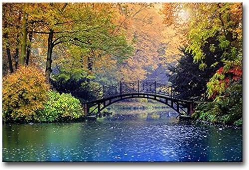 Arte de pared de paisaje otoñal en Central Park, árbol alrededor del puente de madera en el lago, lienzo moderno cuadro impresión sobre lienzo
