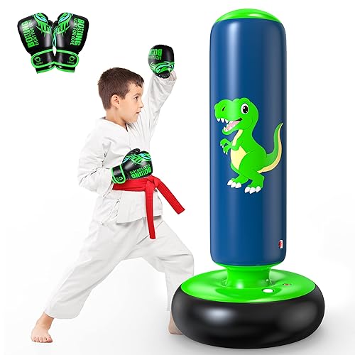 QPAU Inflatable Punching Bag, 48 Inch Stable Inflatable Boxing Bag for 3-6 Kids,Dinosaur Toy & Gifts for Boys and Girls, Kids Boxing Set for Practicing Karate, Taekwondo - Dinosaur Green