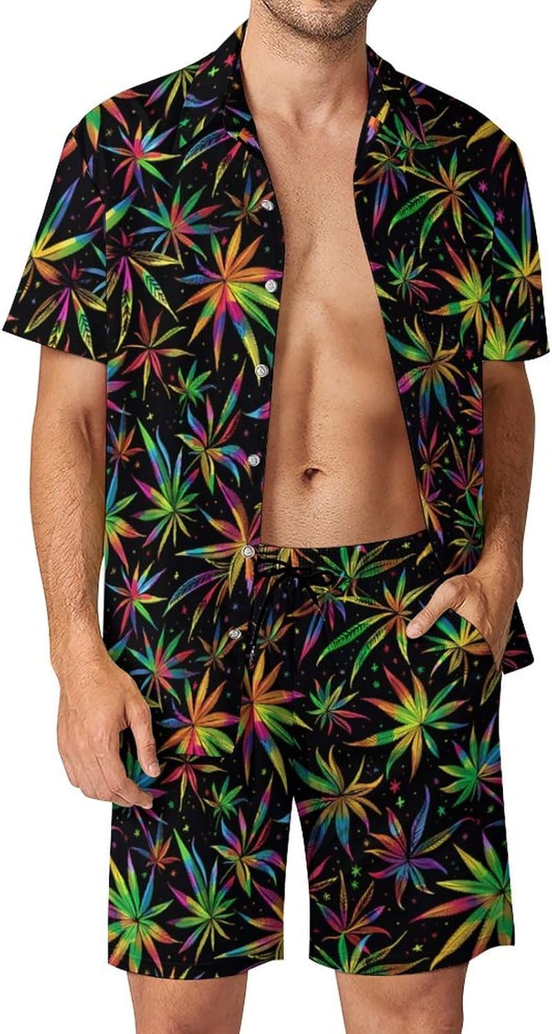 Colorful Weed Men's Summer Beach Outfits Shirt And Shorts Set 2 Piece Vacation Swimwear
